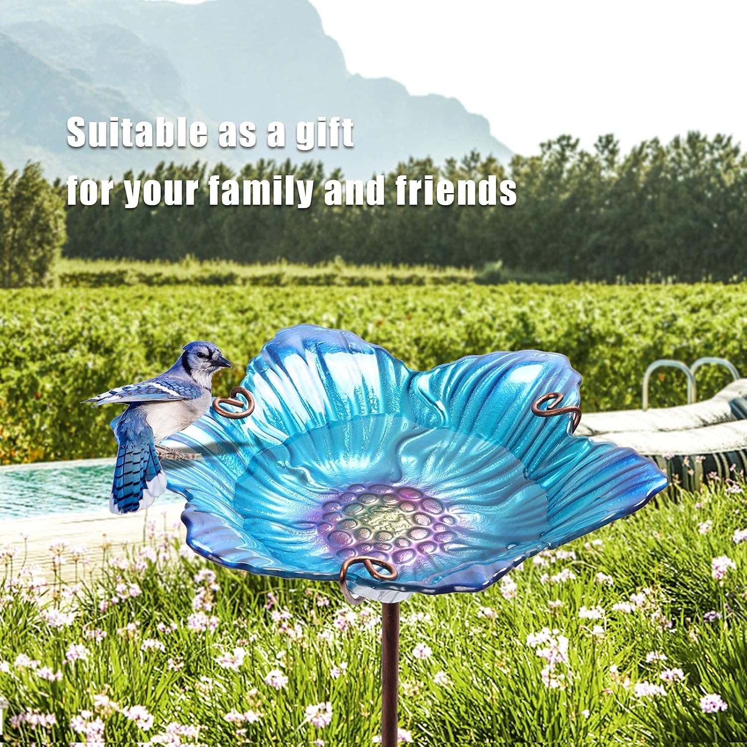 26" Glass Bird Bath, Outdoor Birdbath Bird Feeder Green Flower Metal Stake