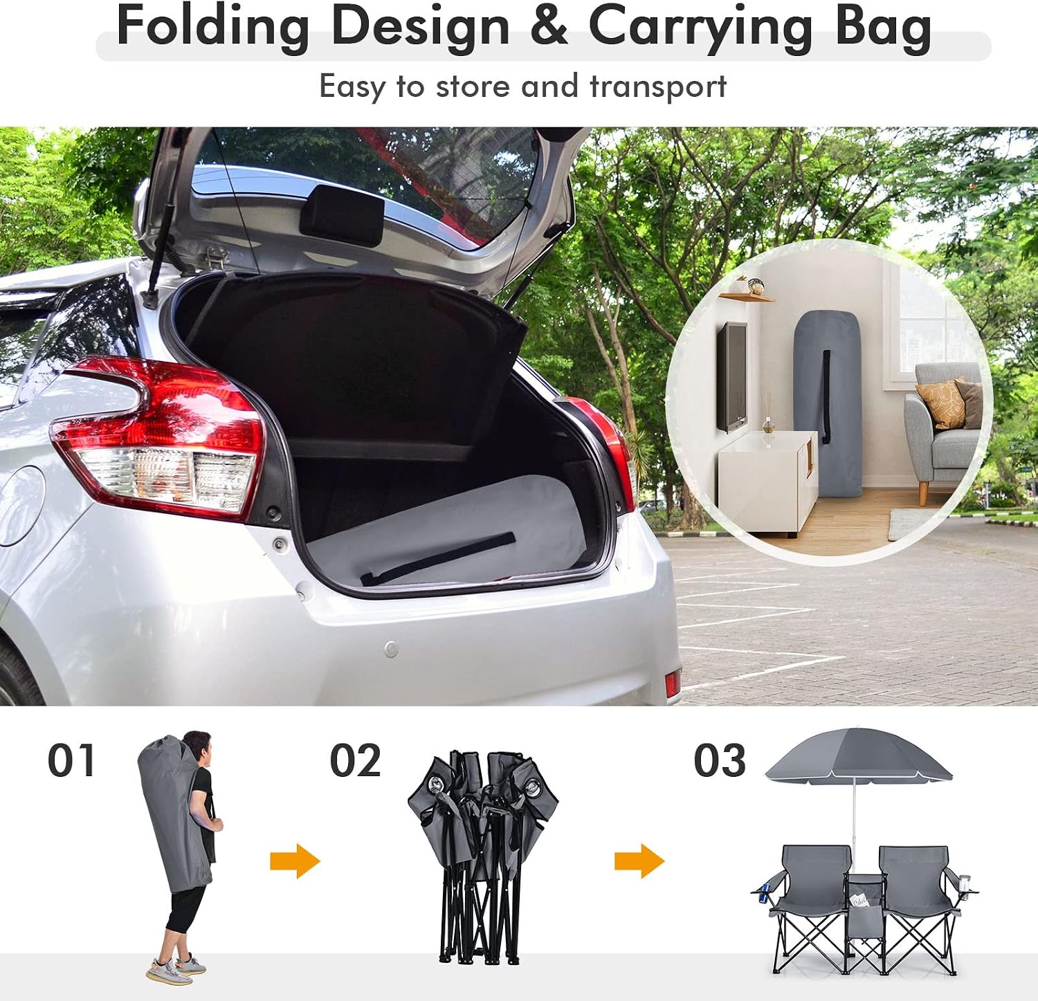COSTWAY Double Portable Picnic Chairs, Folding Camping Chairs w/Detachable Umbrella, Cooler Bag, Cup Holders, Patio Beach Camping Chairs for Outdoors, Blue | Detachable Umbrella, Cooler Bag, Cup Holders, Patio Beach Camping Chairs for Outdoors, Blue