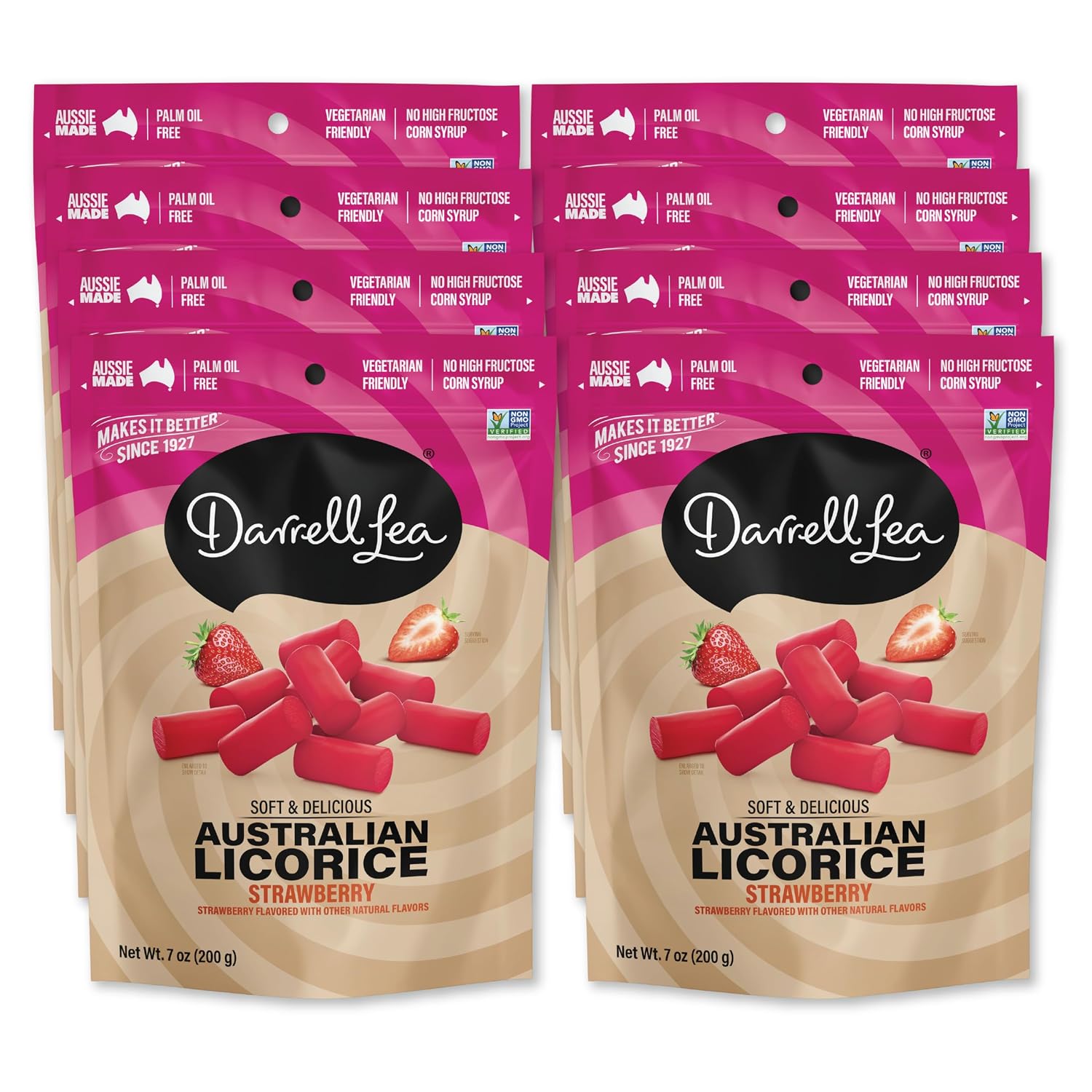 Darrell Lea Soft Australian Licorice, Non-GMO, No Palm Oil, Vegetarian Friendly, No High Fructose Corn Syrup, Soft & Chewy Licorice Candy, Made in Australia (Strawberry, 7 Ounce (Pack of 1))