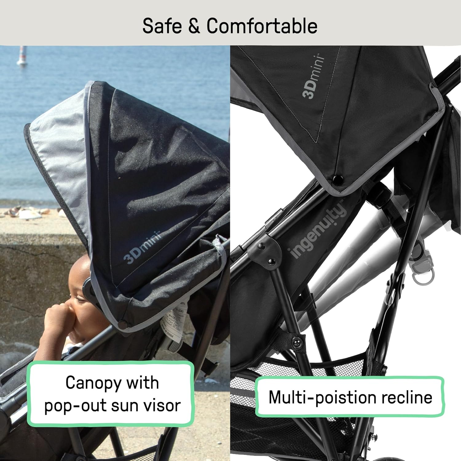 Ingenuity 3D Mini Convenience Stroller – Lightweight Stroller with Compact Fold, Multi-Position Recline, Canopy with Pop Out Sun Visor – Umbrella Stroller for Travel & More, Blue/Black