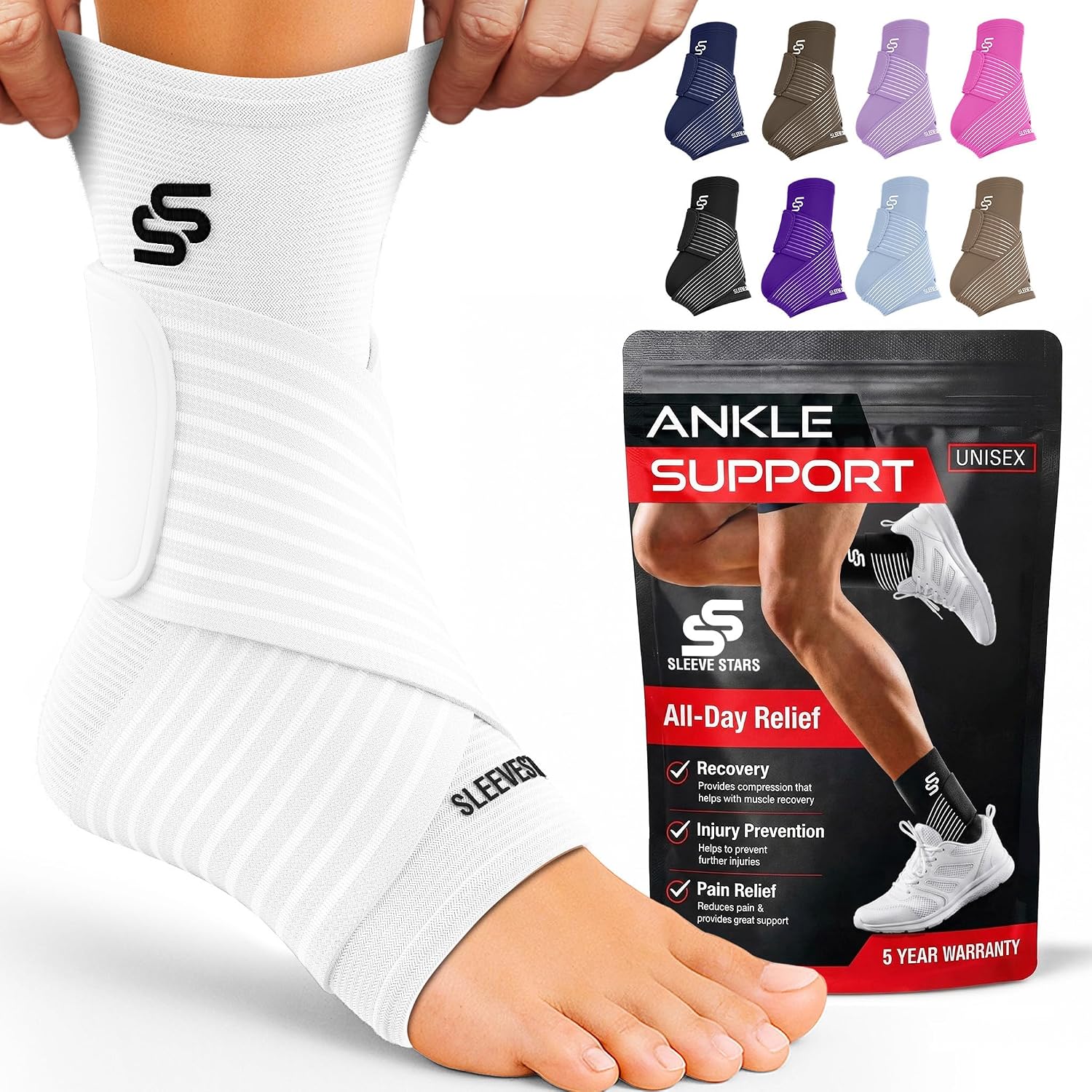 Sleeve Stars Ankle Brace for Women & Men, Ankle Wrap for Sprain, Compression Sleeve for Plantar Fasciitis Relief, Easy Customizable Support: w/ Removable Strap (Single/M:10"-12"/Black)