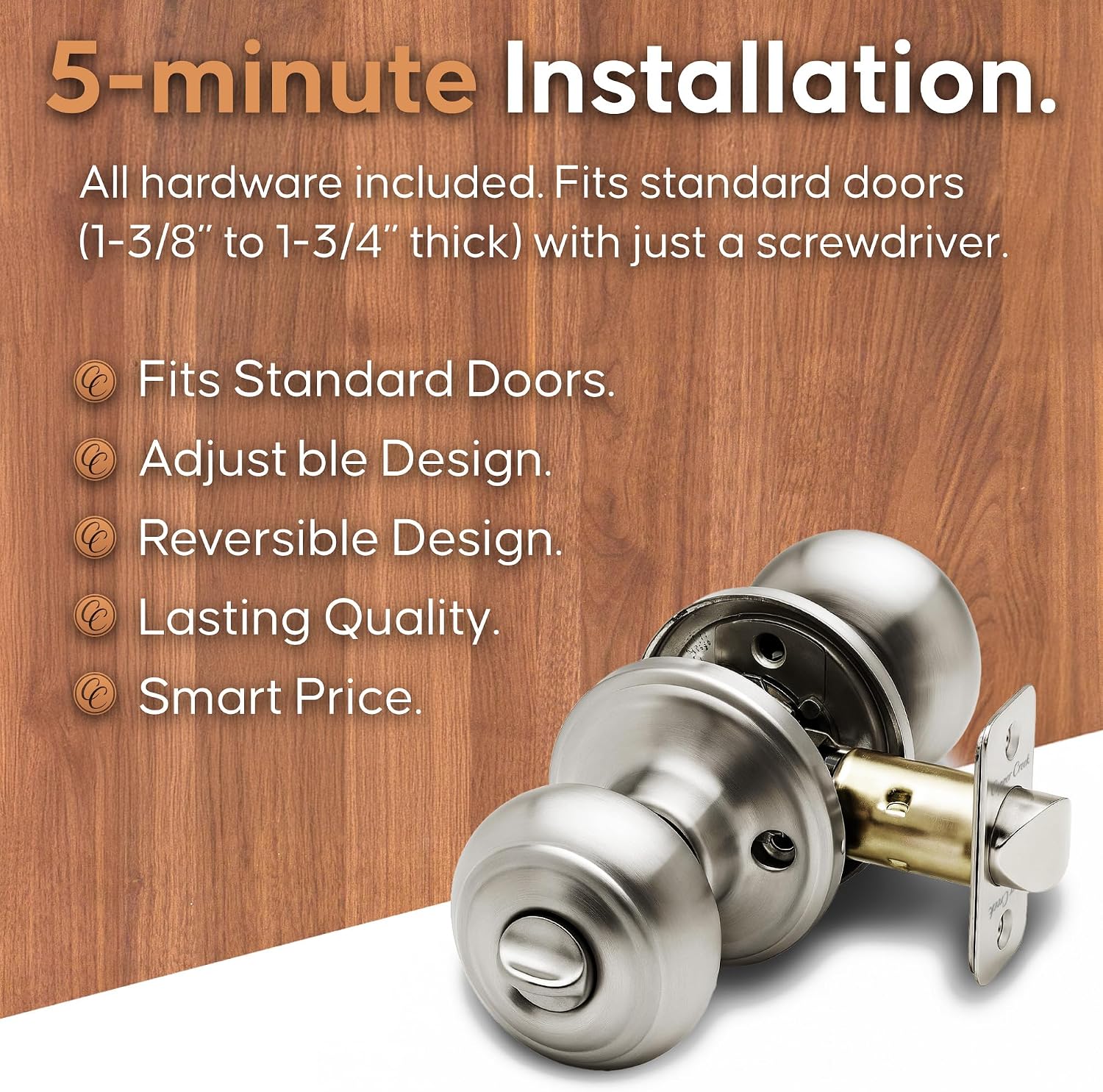 Copper Creek Colonial Privacy Interior Door Knob – ANSI Grade-3 Certified, Modern Heavy Duty Handle, Easy Install and Reversible for Bedroom, Bathroom and Closets – Satin Stainless (1 Pack)
