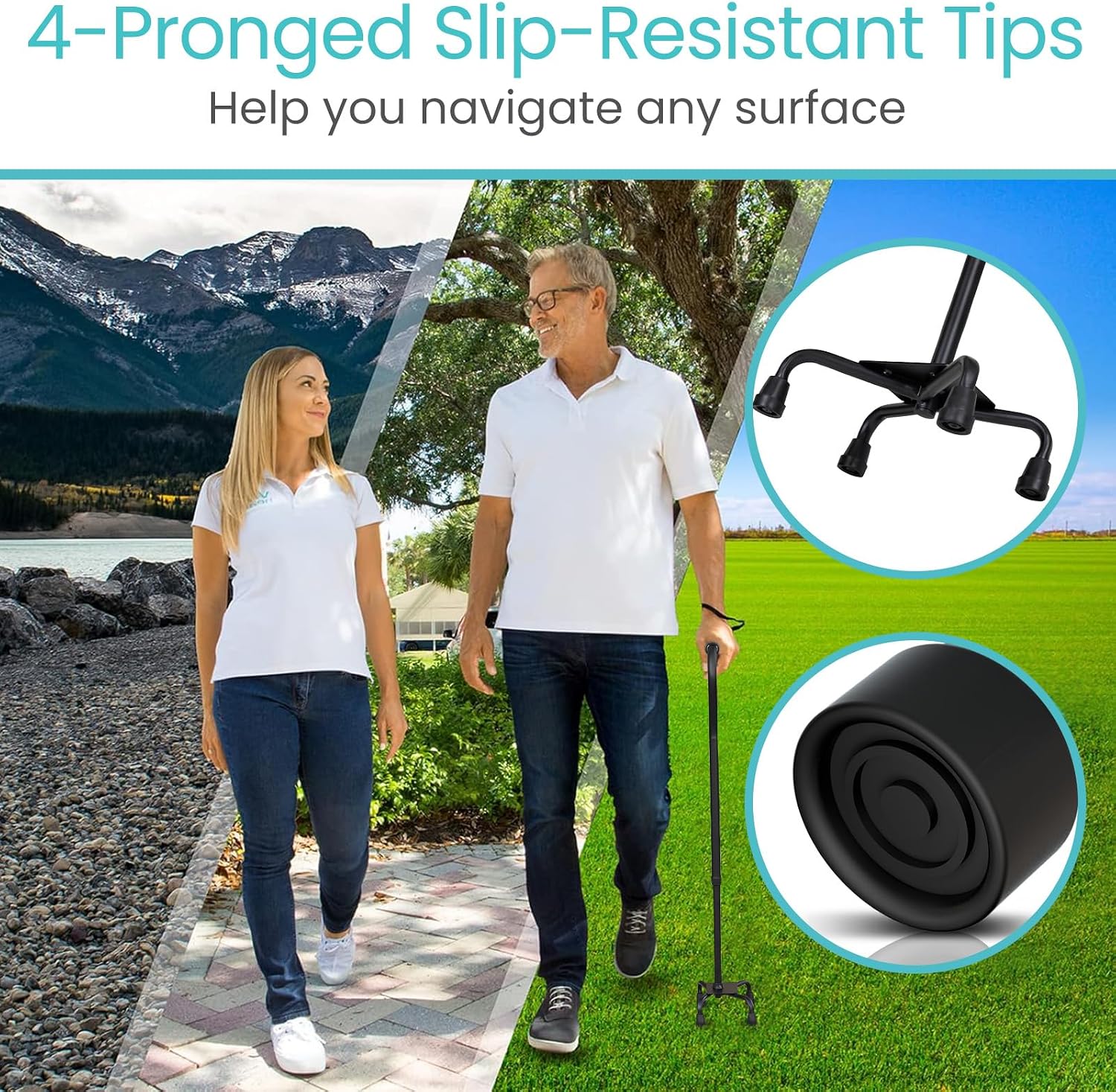 Vive Quad Cane - Walking Stick for Men and Women - Lightweight Adjustable Staff - Comfortable Right and Left Hand Grip for Stability Support - Four Prong Sturdy Aluminum Travel Aid - 4 Tip Blue | Senior 4 Prong Walking Stick for Stability & Balance- Righ…