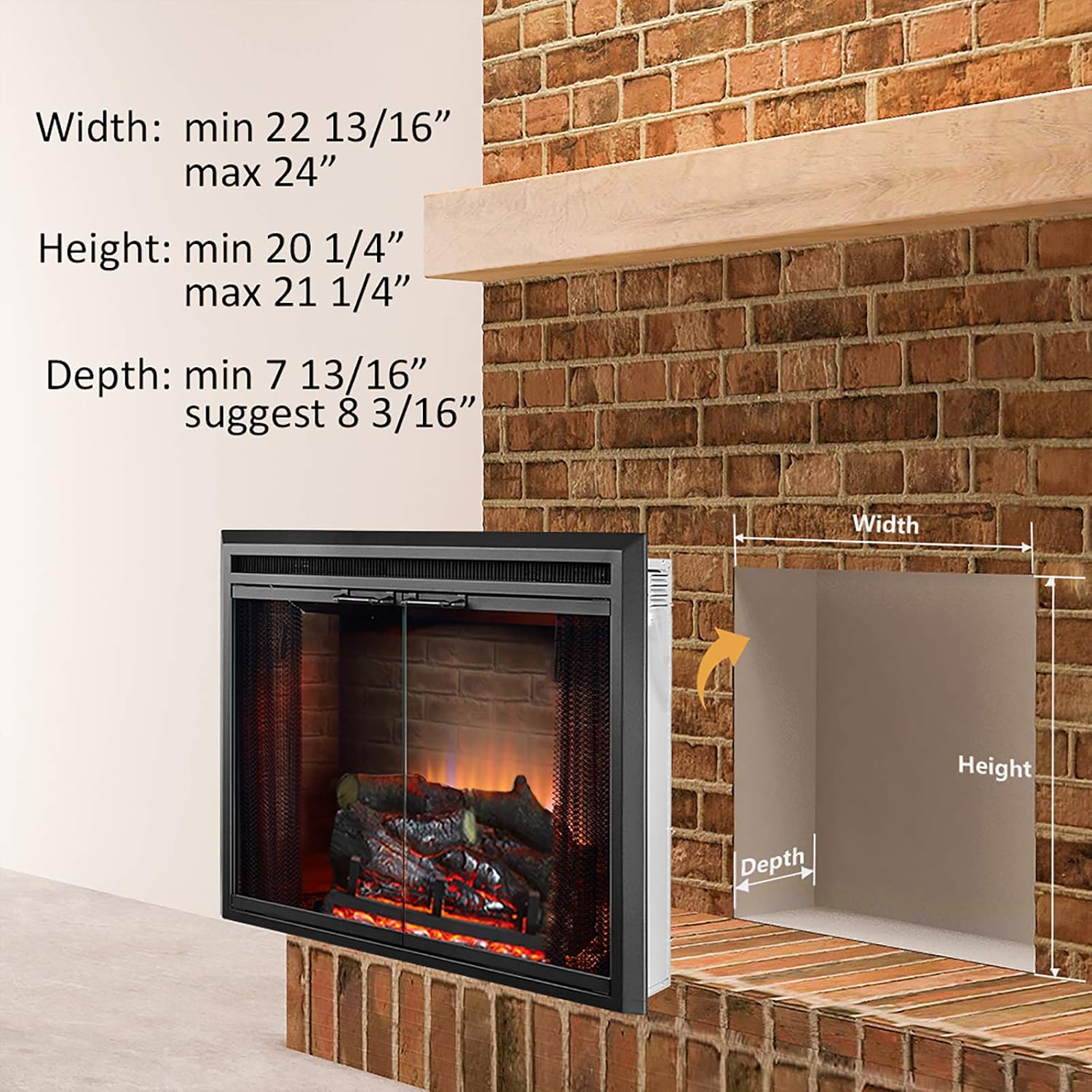 PuraFlame Klaus Electric Fireplace Insert with Fire Crackling Sound, Glass Door and Mesh Screen, 750/1500W, Black, 29 15/16 Inches Wide