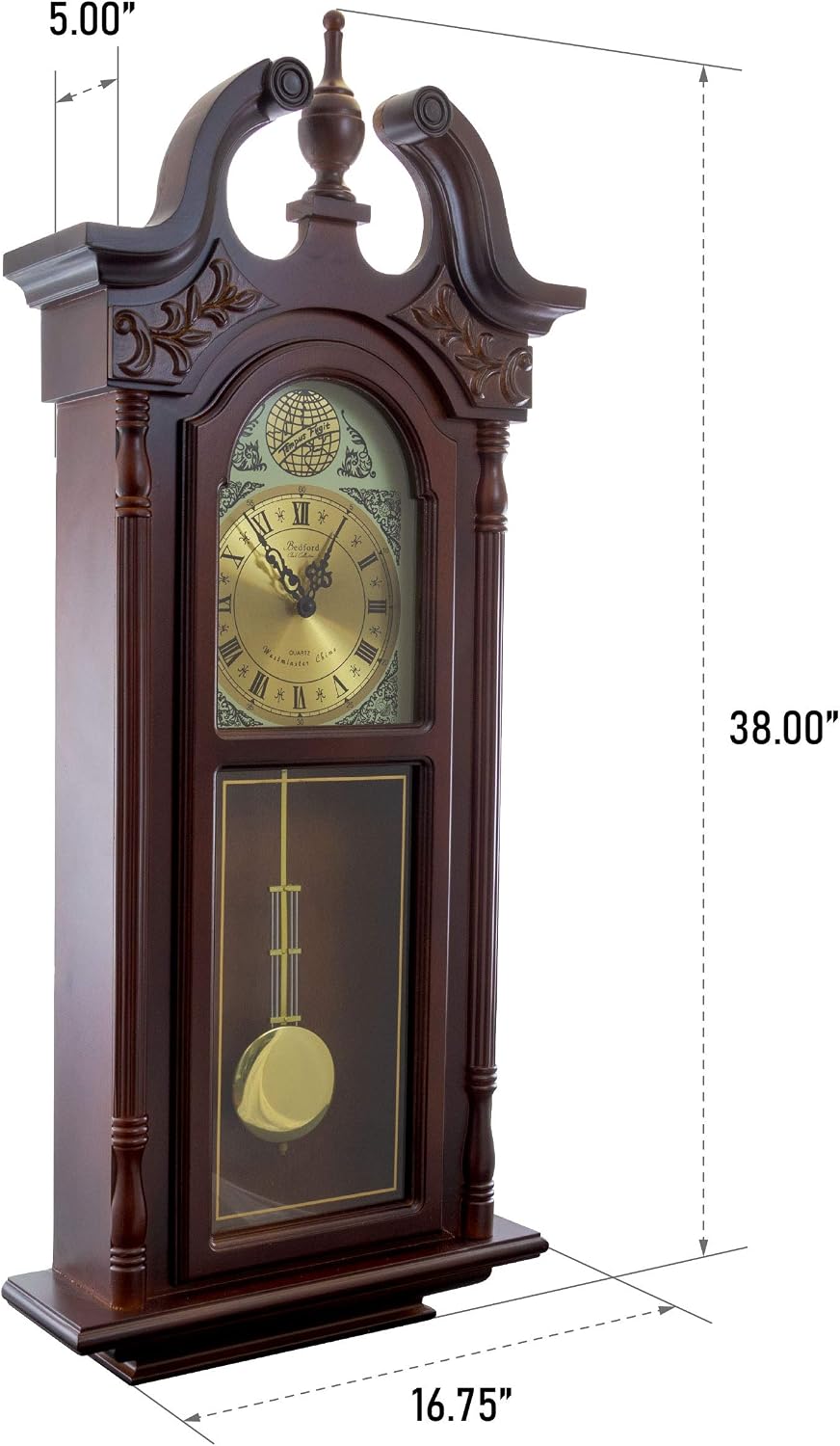Bedford Clock Collection Grand Antique Colonial Chiming Wall Clock with Roman Numerals in a Cherry Oak Finish, 38" L