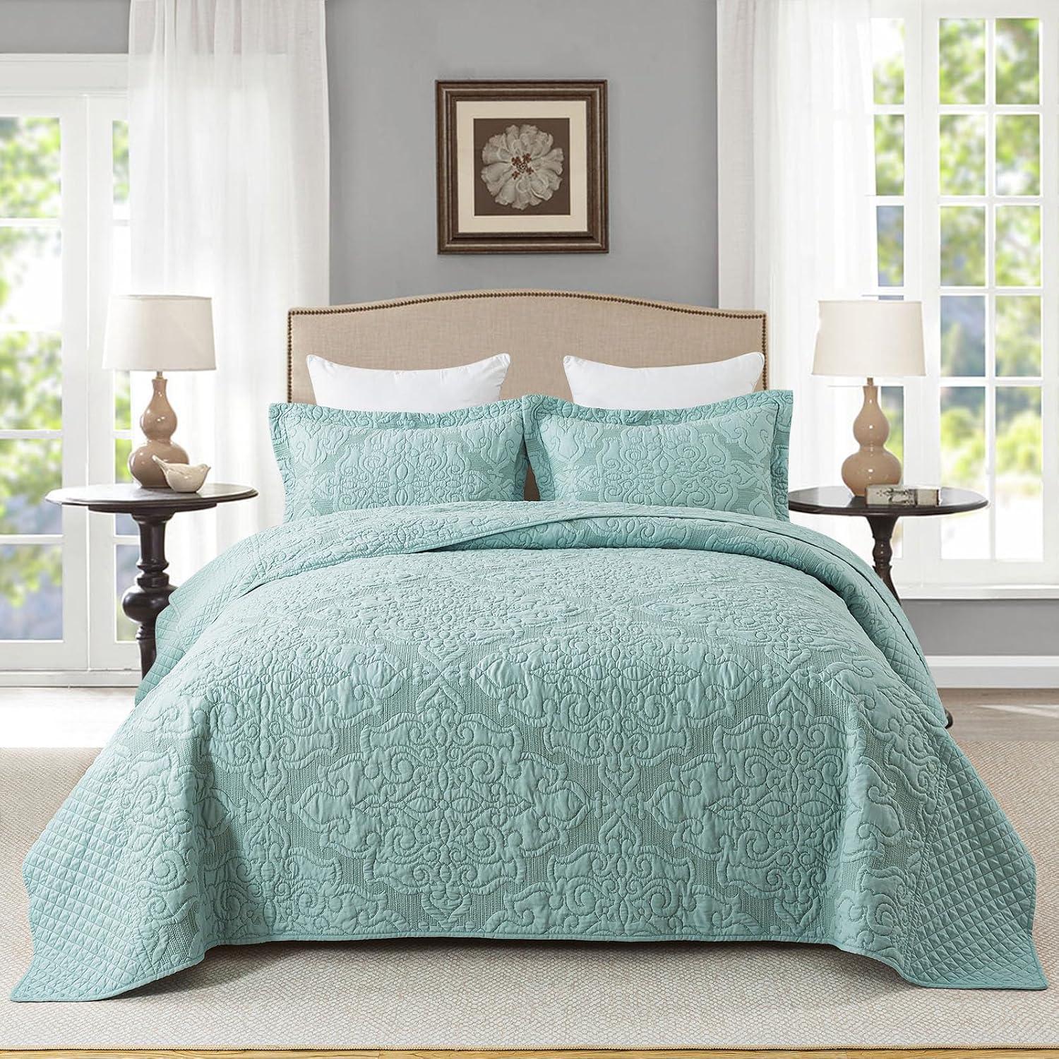 Travan Queen Quilt Set 3-Piece Bedspread Quilted Oversized Lightweight Microfiber Coverlet Set with Shams Violet Purple Floral Pattern Quilted