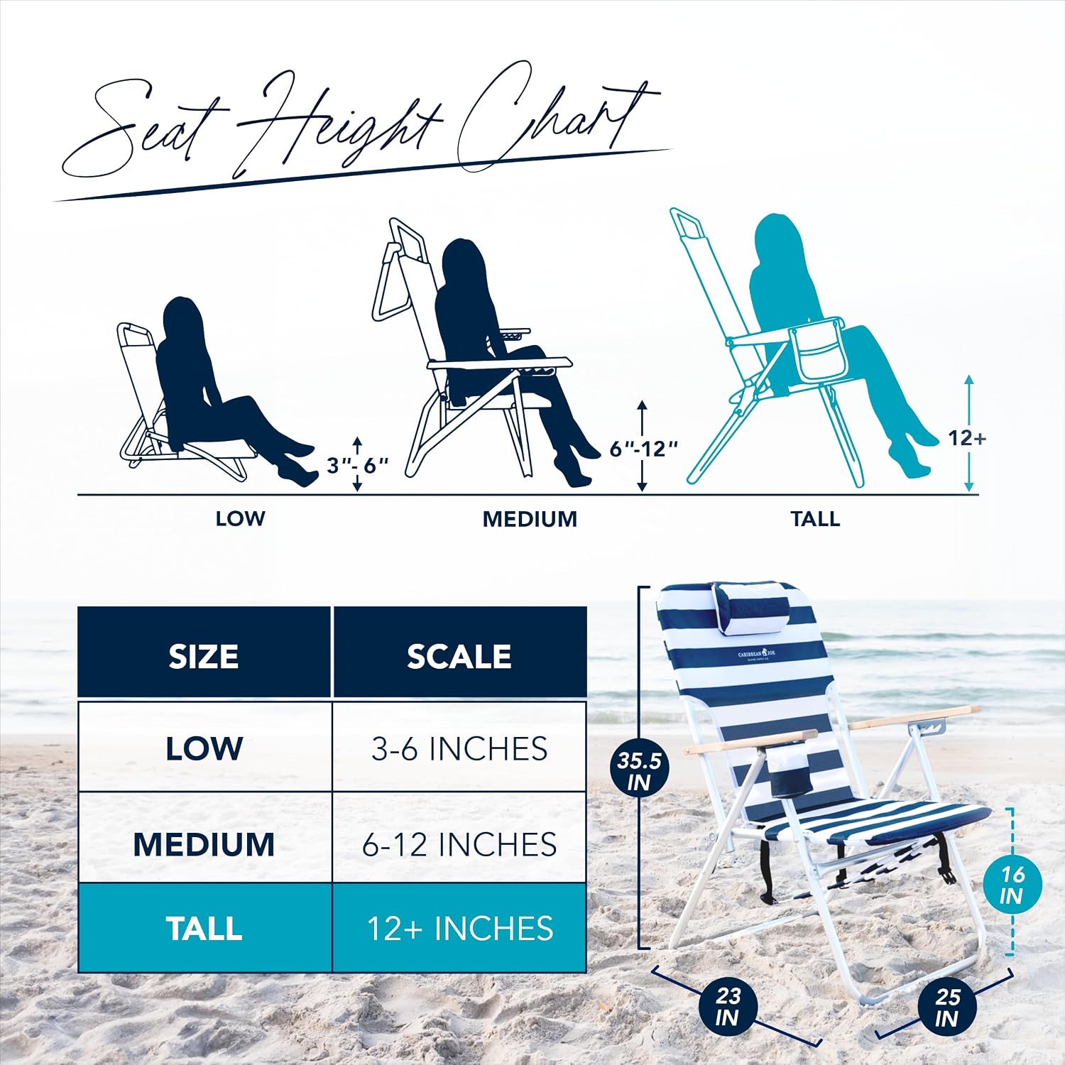 CARIBBEAN JOE Folding Beach Chair, 4 Position Portable Backpack Foldable Camping Chair with Headrest, Cup Holder, and Wooden Armrests