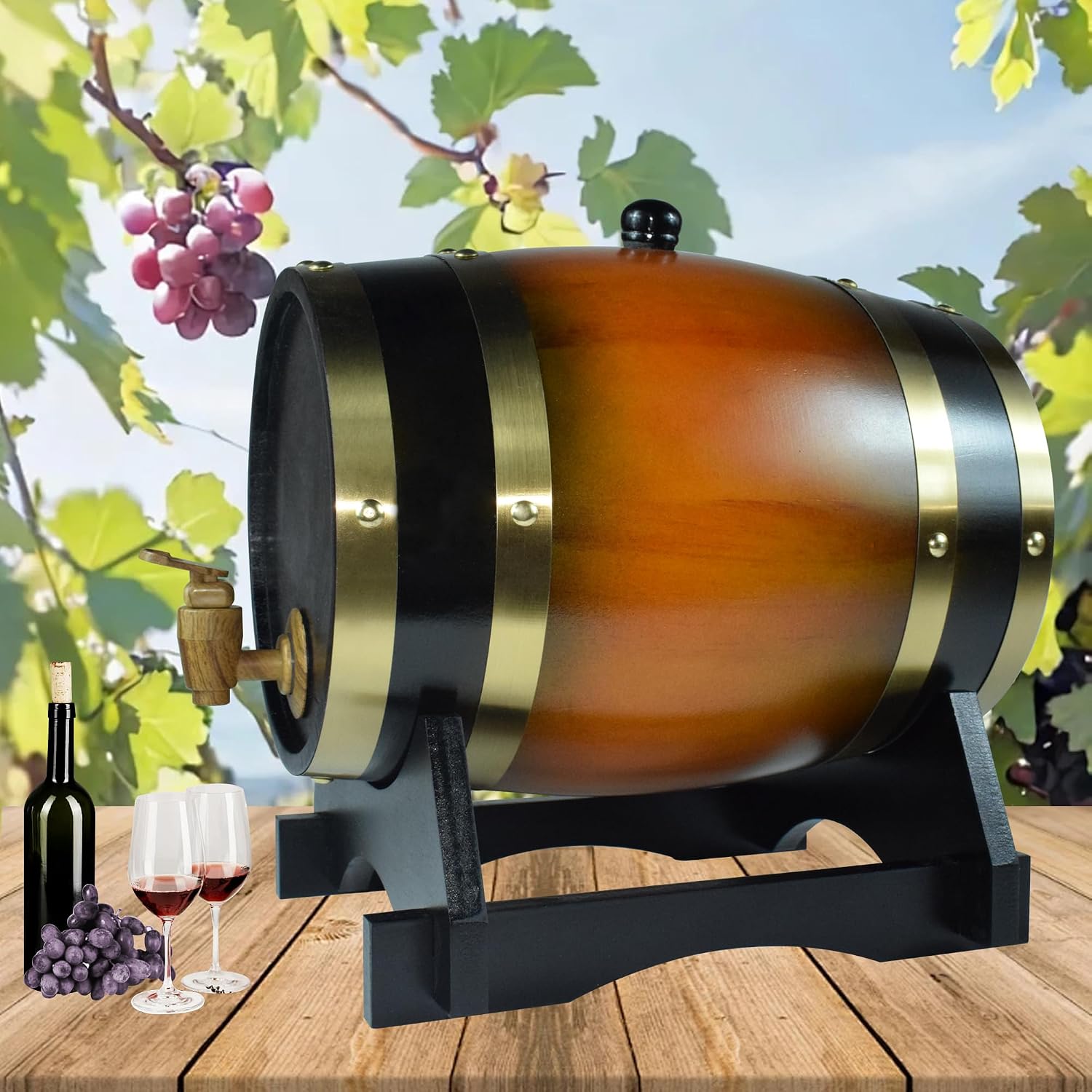 1.5L Whiskey Barrel Dispenser Oak Aging Barrels Home Whiskey Barrel Decanter for Wine, Spirits, Beer, and Liquor (Red Wine)