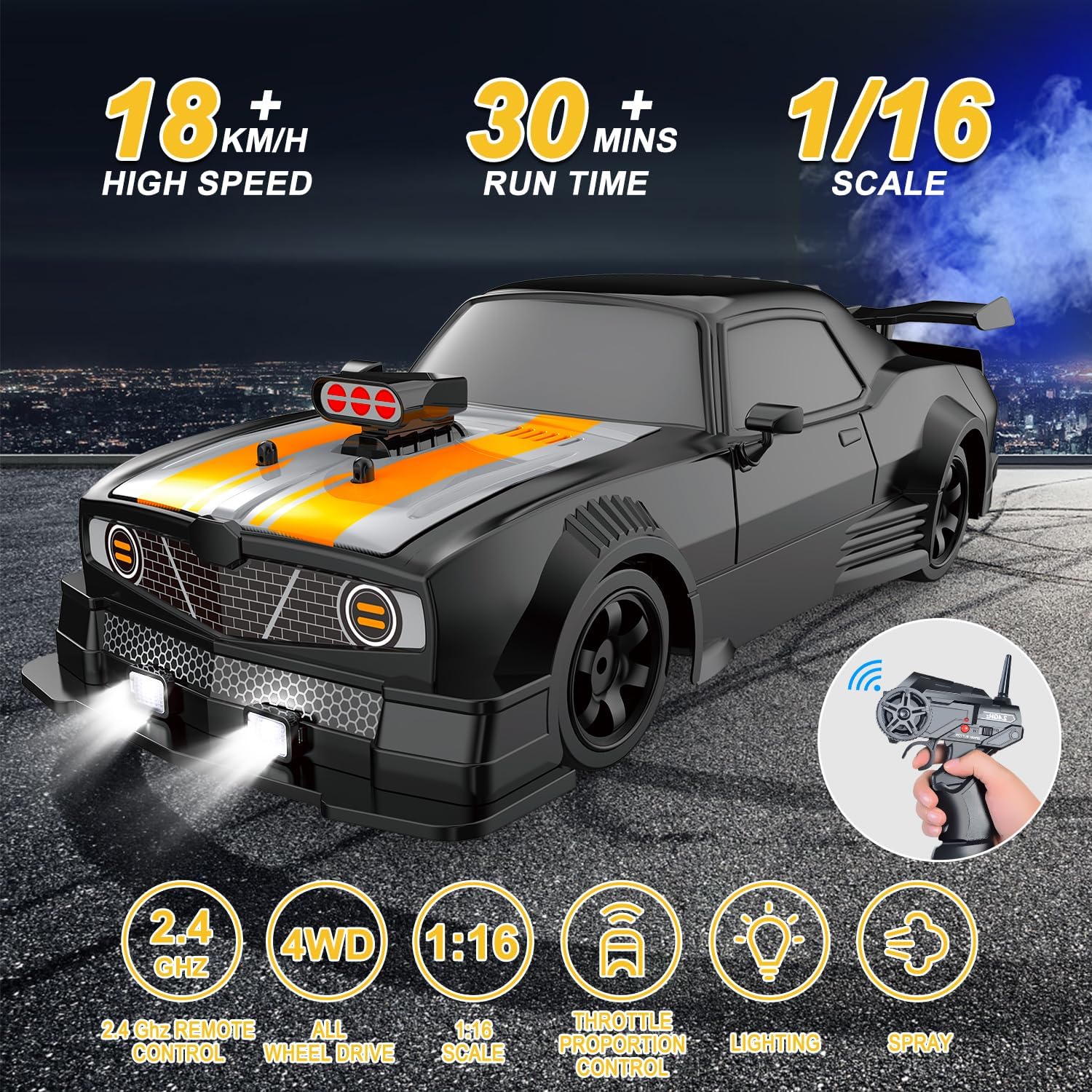 Fistone RC Drift Car 2.4GHz 1:16 Scale 4WD 18KM/H High Speed Remote Control Car with LED Lights, 2 Batteries and Rubber Tire