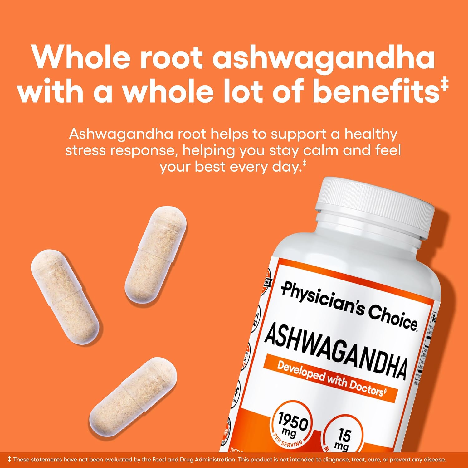 Physician's CHOICE Ashwagandha Supplement - 1950mg of Bioavailable Organic Ashwagandha Root Powder - Black Pepper Extract, Stress Support
