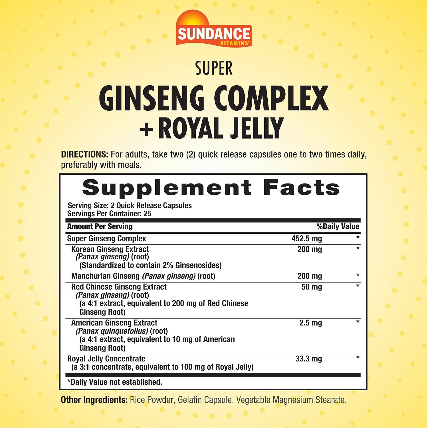 Sundance Super Ginseng Complex | with Royal Jelly | 50 Quick Release Capsules | Non-GMO and Gluten Free Traditional Herb Supplement
