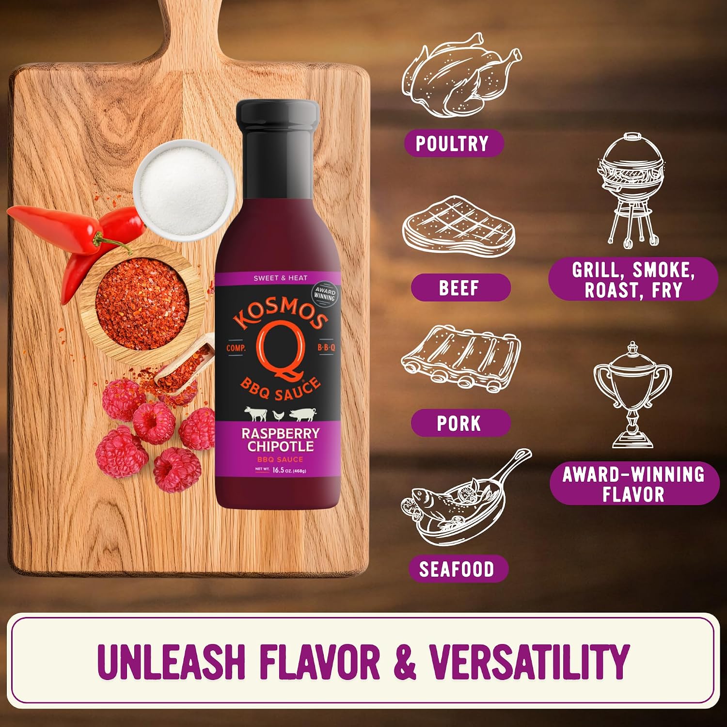 Kosmos Q Sweet Apple Chipotle BBQ Sauce, Tangy Natural Barbecue Sauce with Real Apples & Spicy Chipotle Peppers, Sweet & Spicy Glaze for Pork, Chicken, Ribs & More, Gluten Free, 15.5 Oz Bottle