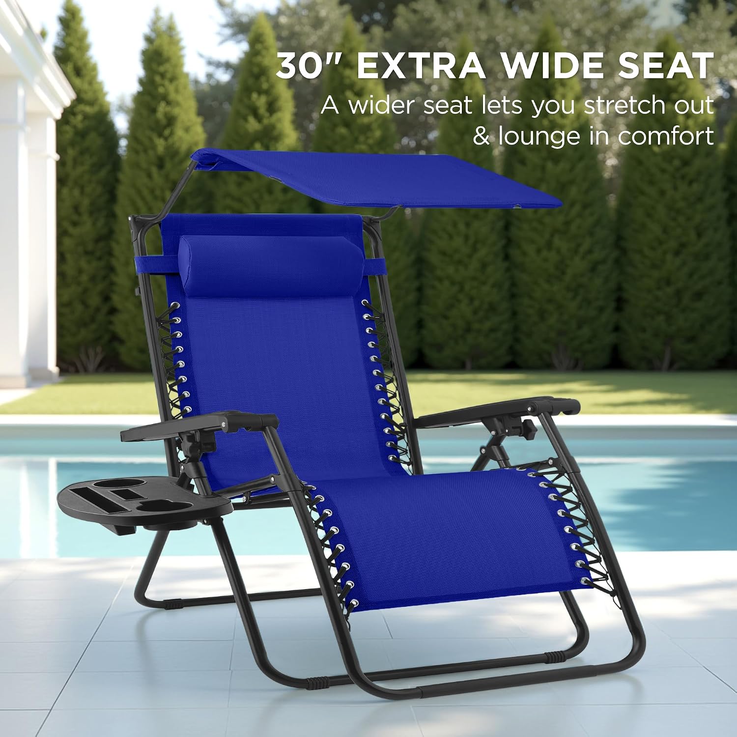 Best Choice Products Folding Zero Gravity Outdoor Recliner Patio Lounge Chair w/Adjustable Canopy Shade, Headrest, Side Accessory Tray, Textilene Mesh - Beige