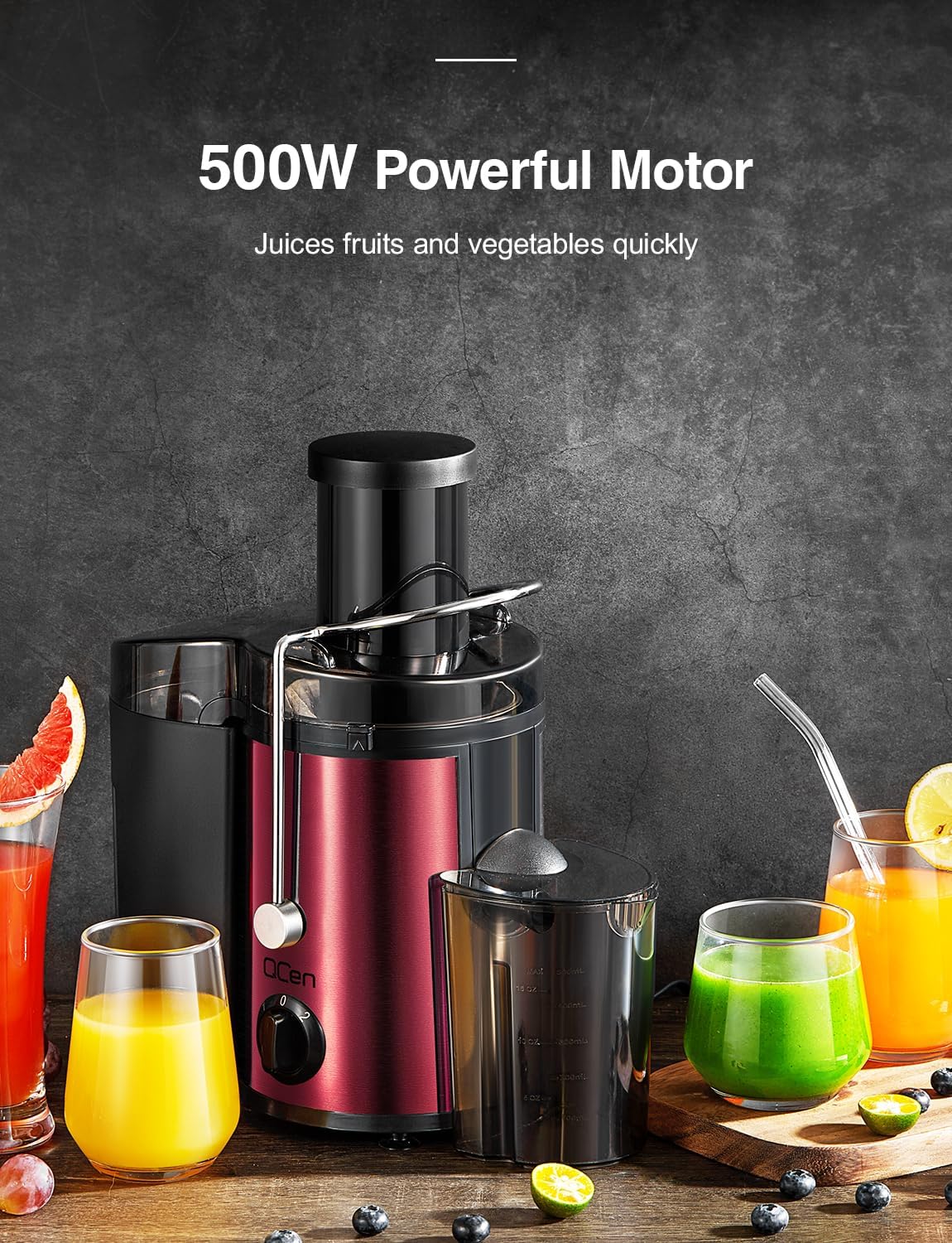 QCen Juicer Machine 500W Centrifugal Juicer with Extra Wide Feed Chute
