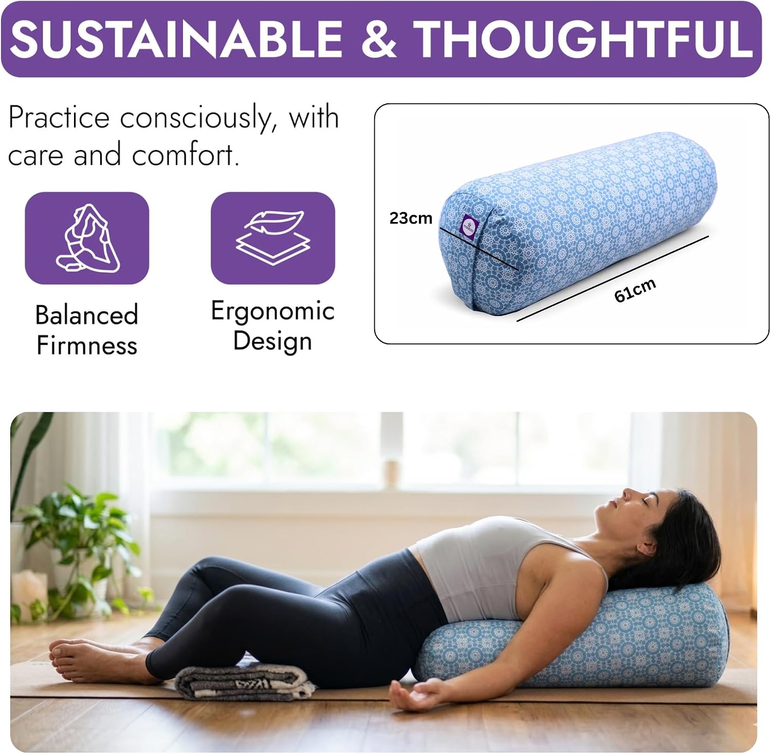 Yogikuti Iyengar Yoga Bolster for Restorative Yoga and Meditation – Lightweight Cotton Support Pillow with Handle for Easy Carry