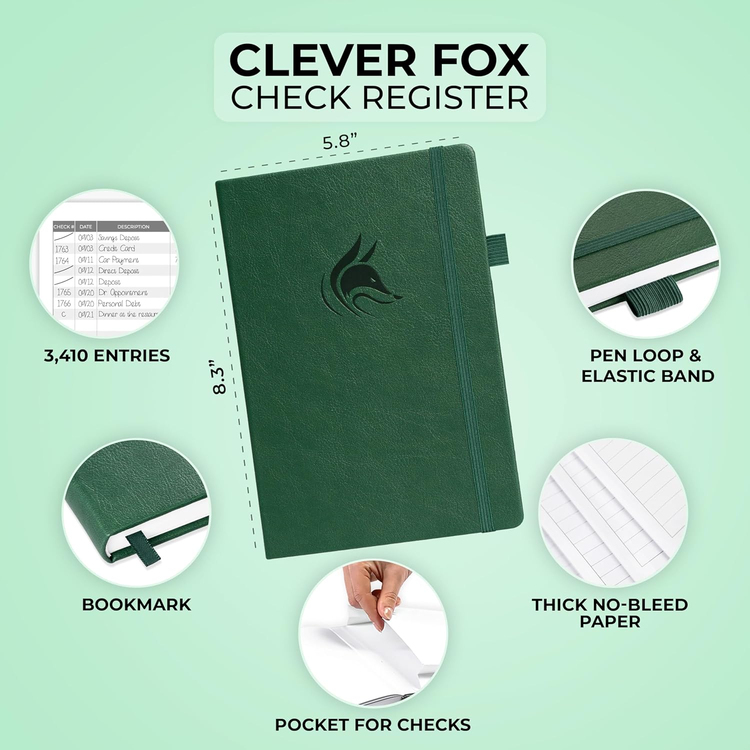 Clever Fox Check Register Book, Checkbook Ledger, 5.8x8.3 Purple