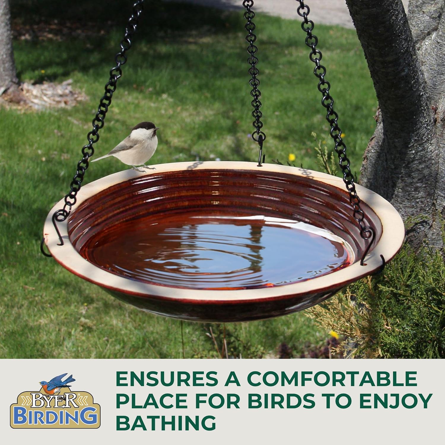 BYER OF MAINE Circles Hanging Bird Bath, Porcelain, Glaze Finish, Adjustable Chain, Sandy Granite, 14”x14”x34” adj