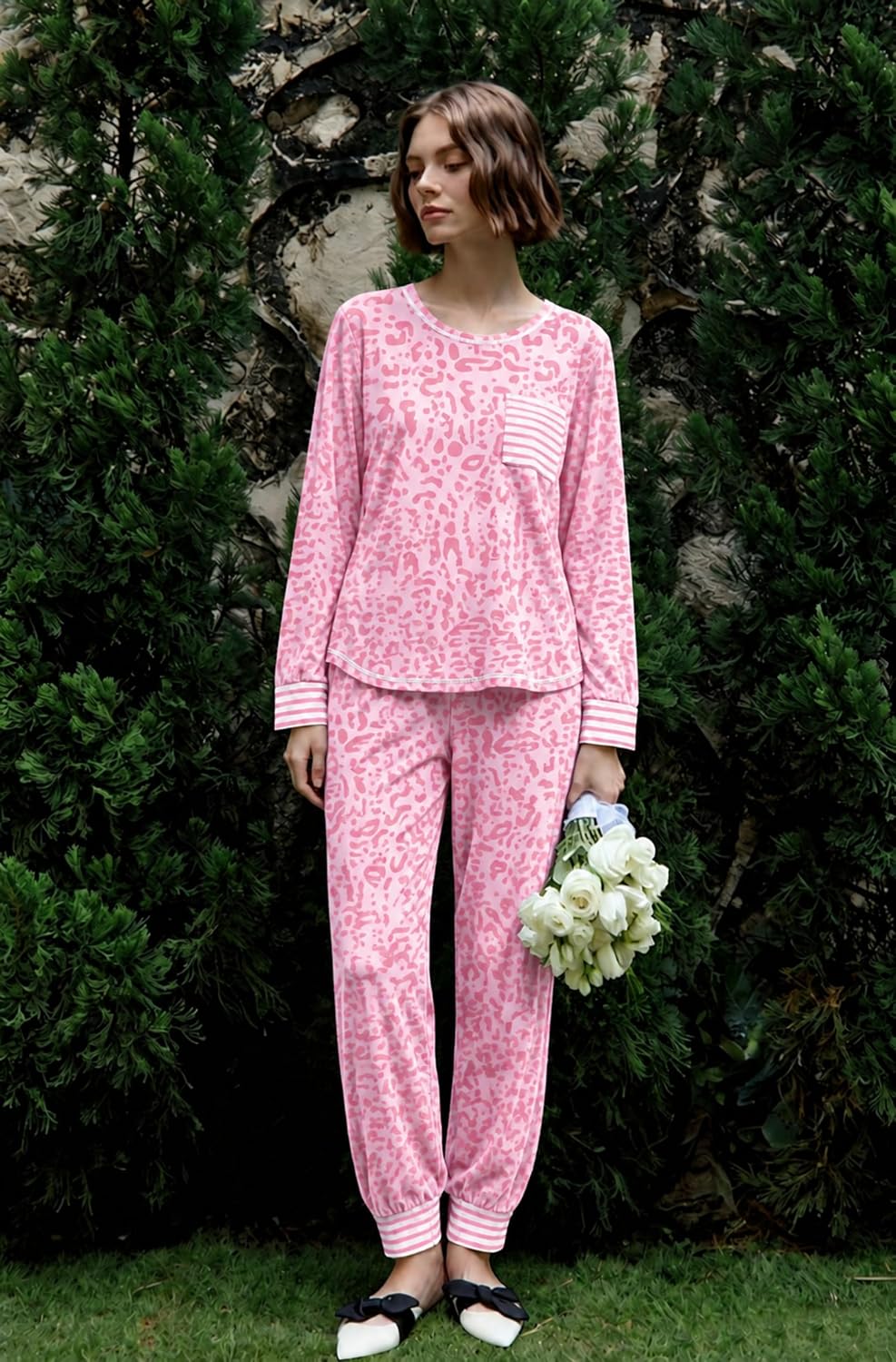 SWOMOG Women’s Pajamas Set Long Sleeve Sleepwear with Long Pants Soft Modal Loungewear Pj Set