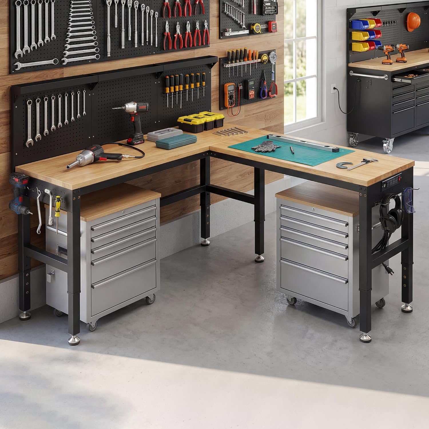 SPECRAFT Adjustable Black Heavy-Duty Workbench | 2000 Lbs Capacity, Rubber Wood Top, 4 AC Outlets and 2 USB Ports, for Garage, Workshop and Office