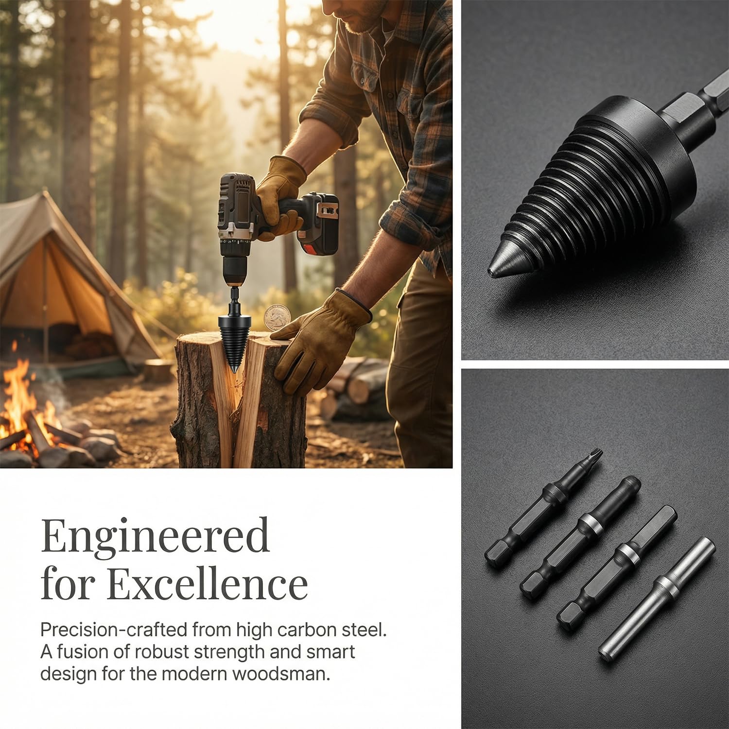 6 Pcs Wood Splitting Drill Bit Set Includes 38mm/45mm Dual Sizes + 4 Adapters, Compatible with Rotary Hammer/Impact Drill/Cordless Drill