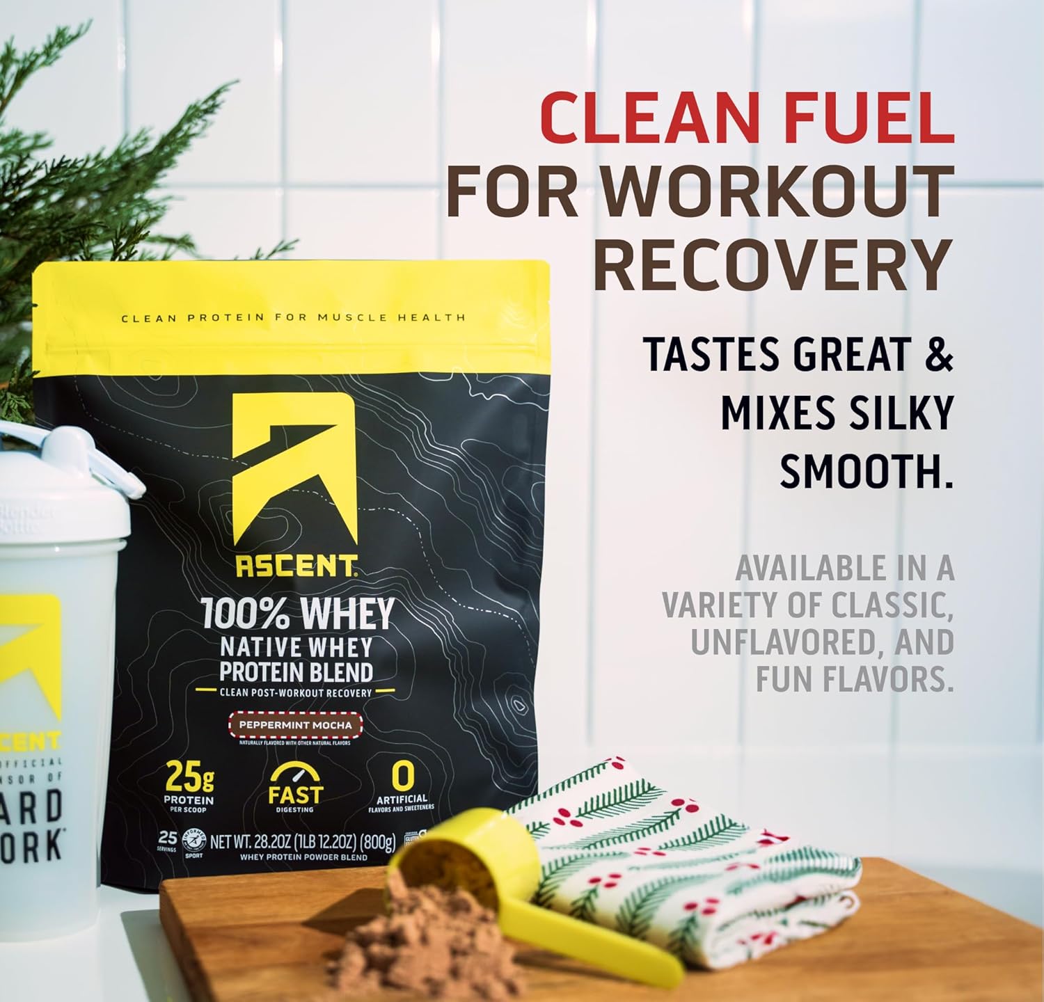 Ascent 100% Whey Protein Powder - Post Workout Whey Protein Isolate, Zero Artificial Flavors & Sweeteners, Gluten Free, 5.5g BCAA, 2.6g Leucine, Unflavored 2 lb