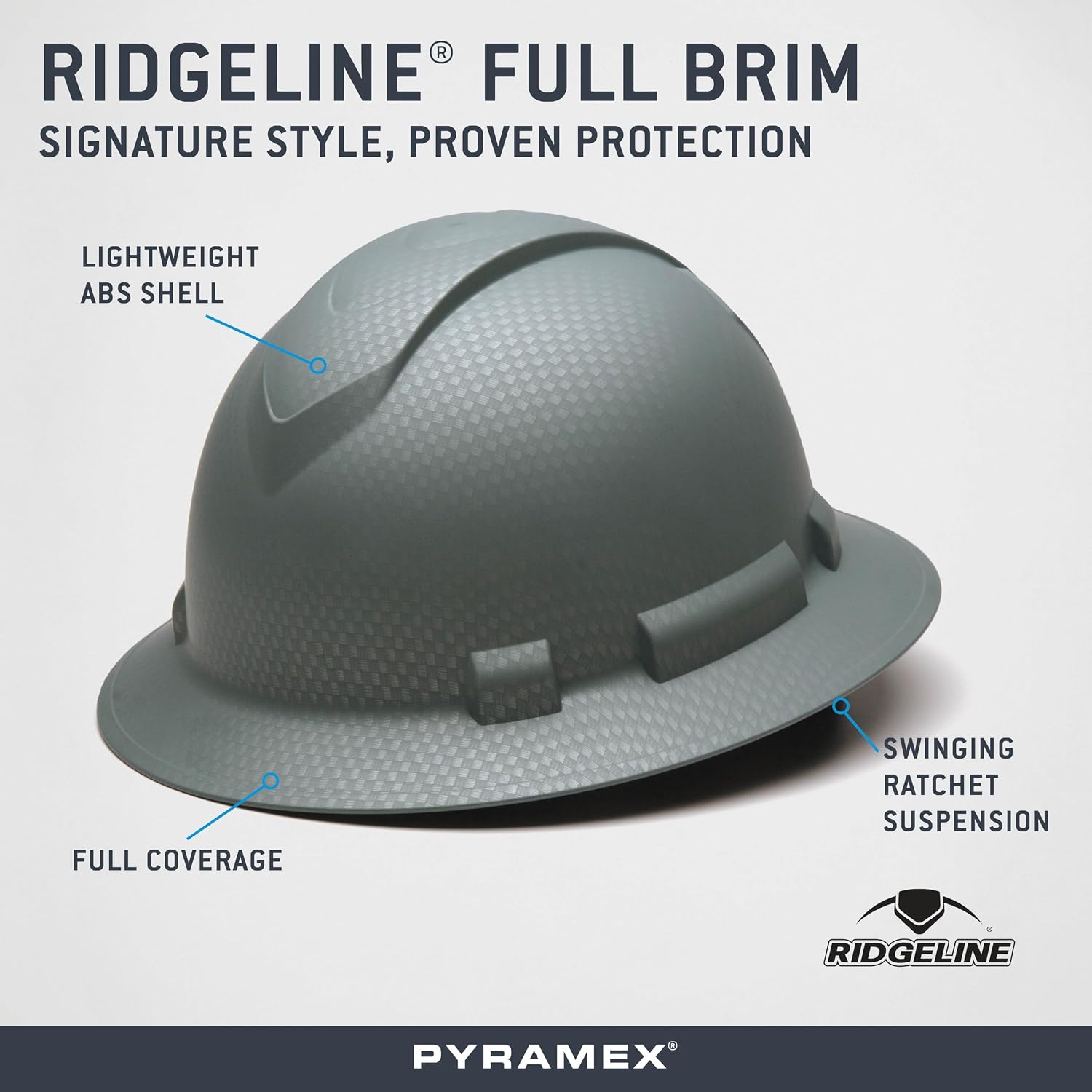 Pyramex Ridgeline Full Brim Hard Hat 4 Point Ratchet White | Full-brim sun & rain protection, HDPE shell, Ratchet suspension, Construction & utility, ANSI Z89.1 Type I Class C/G/E