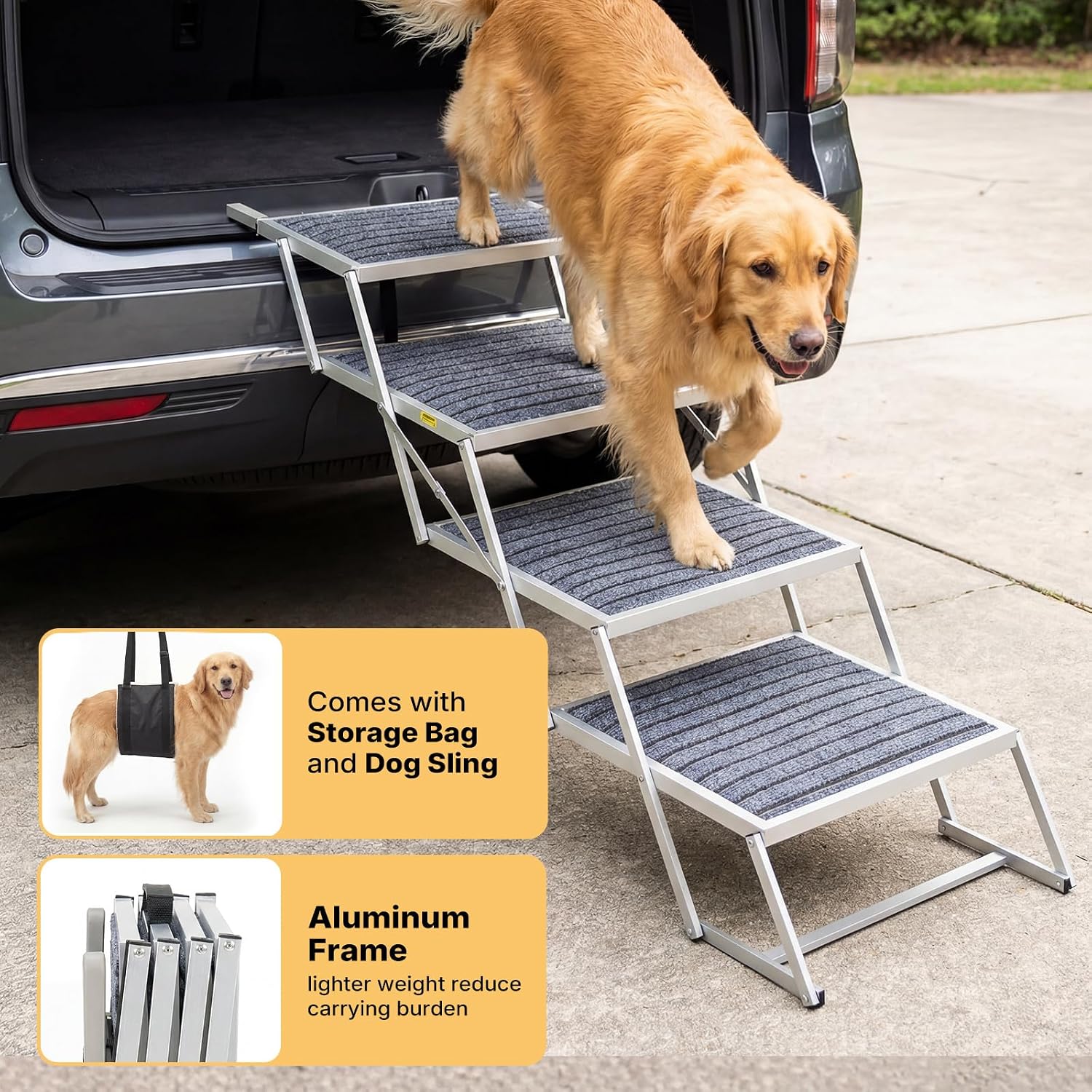Veehoo Folding Dog Steps Large for Car Truck SUV, Dogs Car Stairs 20" Wide | 4 Steps Foldable Pet Step Aluminum Dog Stairs for Injured Senior Dogs Heavy Duty Pet Ramp Ladder Non Slip, up to 170lbs