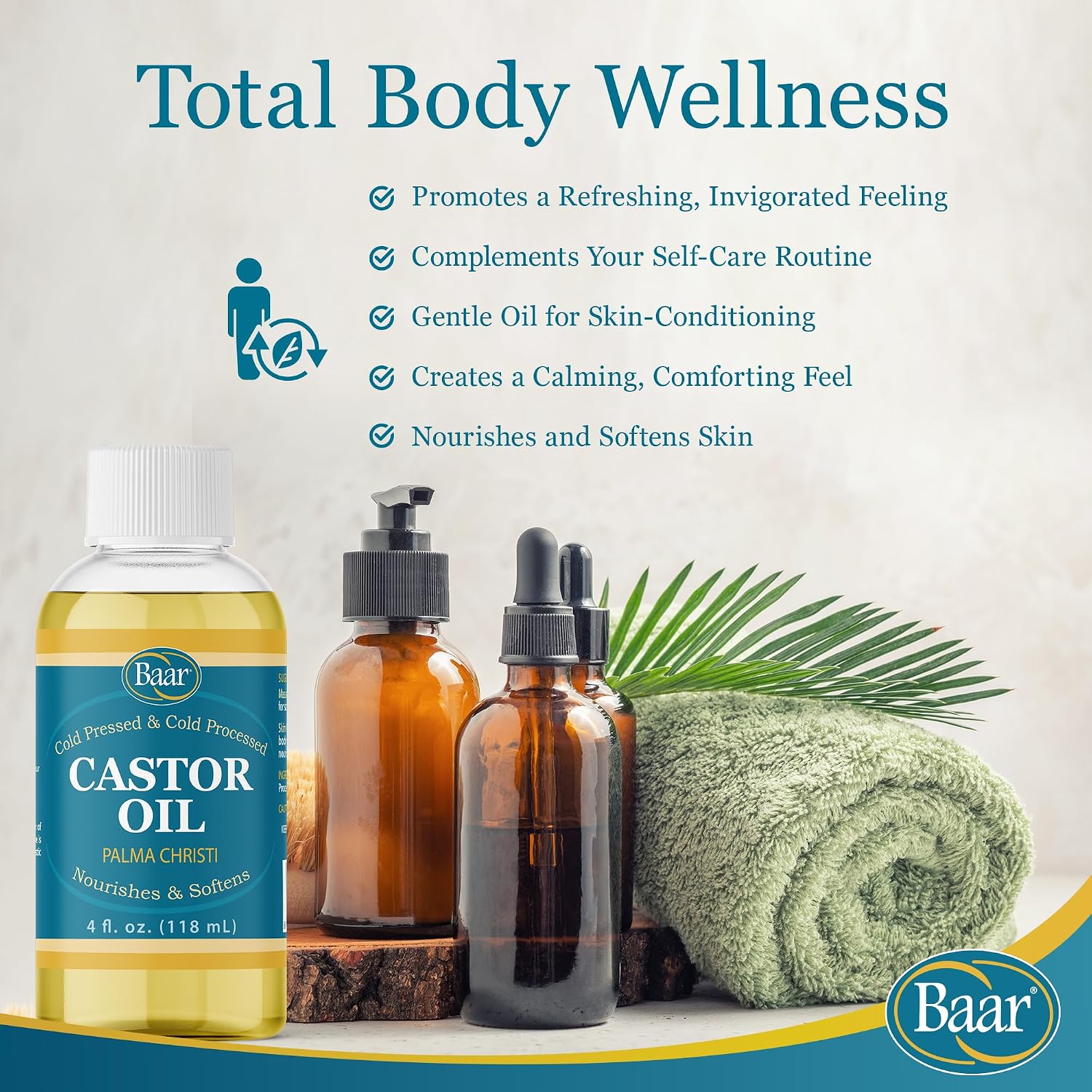Baar Cold-Pressed Castor Oil, Cold-Processed, Hexane-Free, Palma Christi, for Skin, Hair, Massage & Castor Oil Packs, BPA-Free Bottle, 32 oz | Hexane free, Palma Christi oil, BPA-free bottle, skin, hair and massage applications