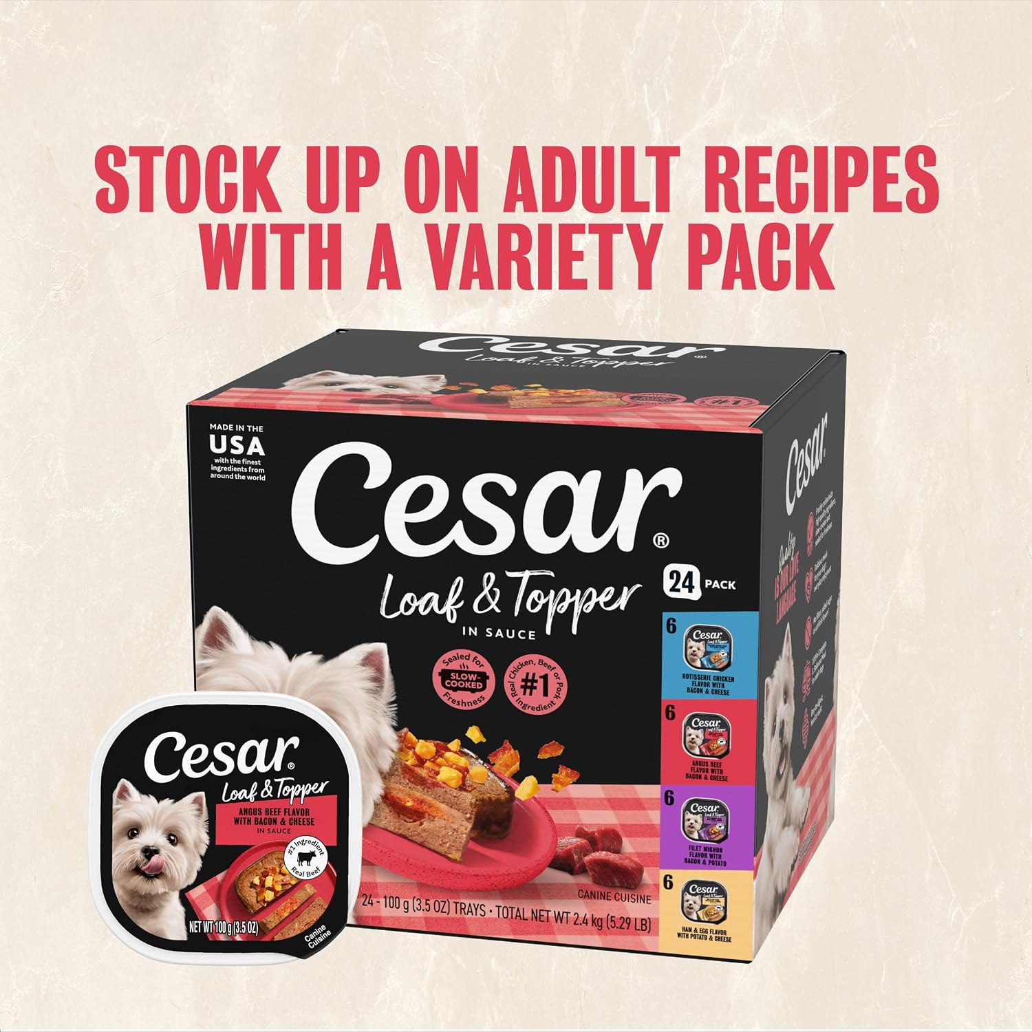 Cesar Loaf & Topper Wet Dog Food, Chicken & Filet, 3.5 oz, 12 Count, 2-Pack | Real beef or chicken #1 ingredient, no fillers or added sugar, no artificial flavors, complete & balanced, easy peel trays