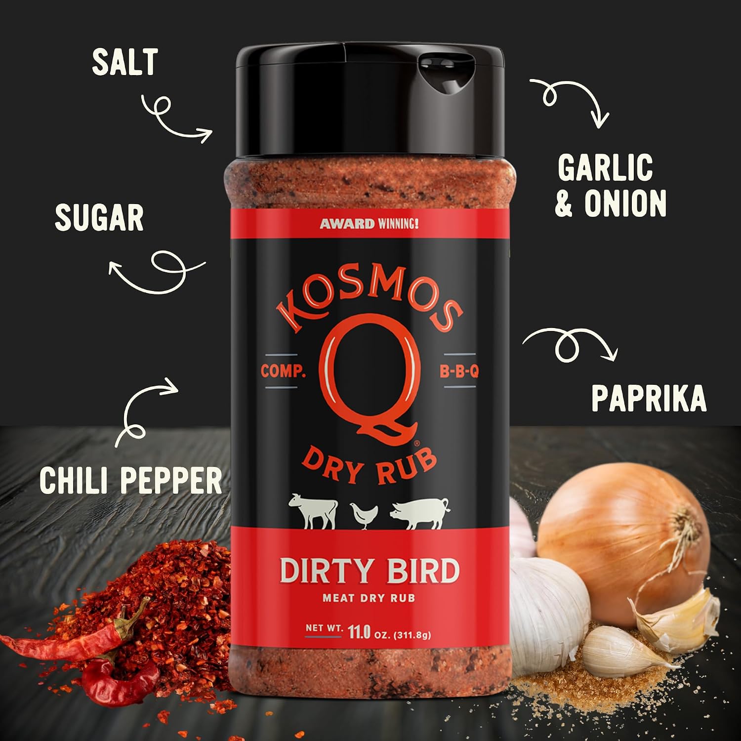 Kosmos Q Hot Dirty Bird BBQ Dry Rub, Spicy Seasoning with Chili Pepper, Brown Sugar, Garlic & Onion for Chicken, Turkey, Ribs, Pork, Dry Rub for Smoking & Grilling Meat, BBQ Spice Blend, 11 Oz Bag