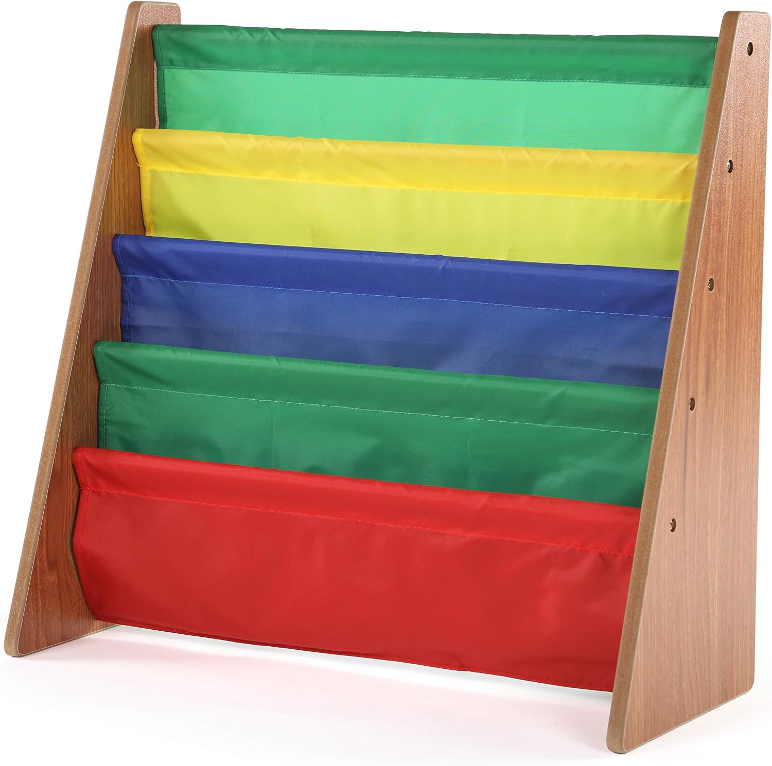 Humble Crew Kids Bookshelf, Montessori Front Facing Toddler Bookcase 4 Tier | Book display rack and reading nook organizer, nylon pockets show covers face out, compact for any playroom or bedroom space