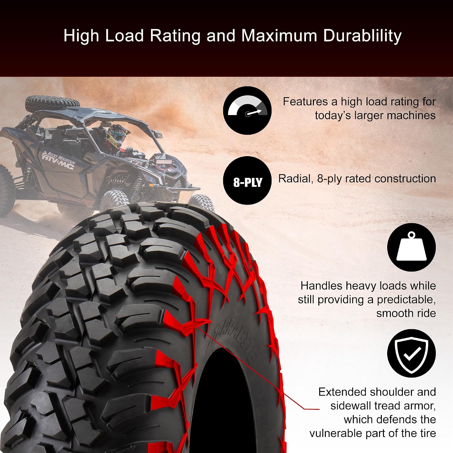 Tusk Terrabite 25x10-12 Radial Tire for UTV/ATV, Medium/Hard Terrain, Heavy Duty 8-Ply Rated Construction, Reinforced Sidewall Tread Armor