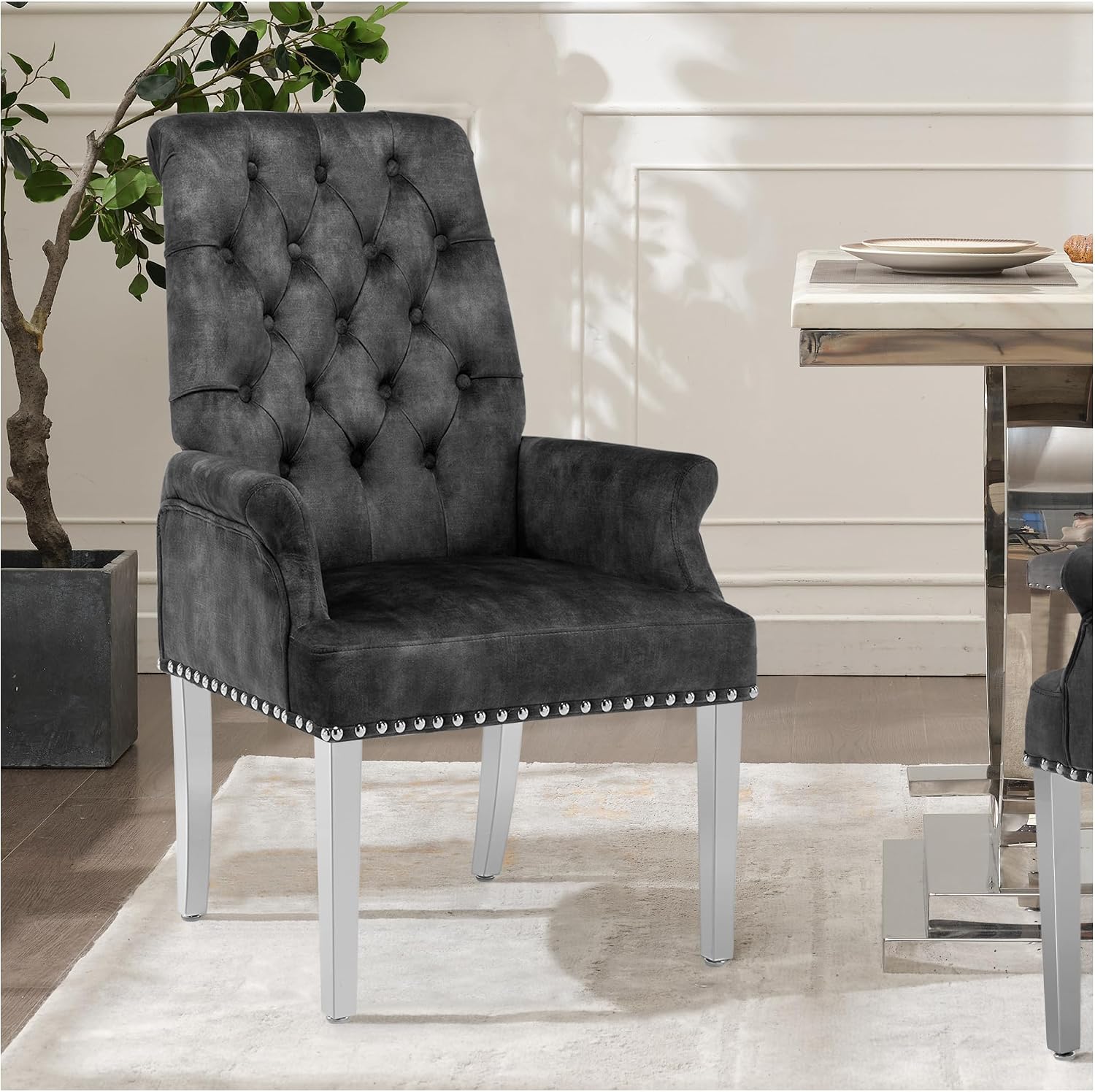adochr Dining Chairs with Arms,Linen High Back Dining Room Chairs, Beige
