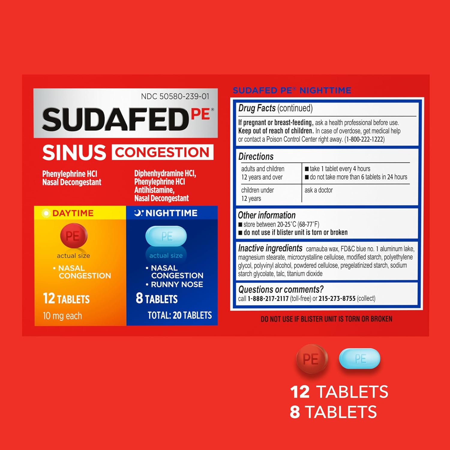 Sudafed PE Day + Night Tablets, Phenylephrine HCl, 20 ct | Diphenhydramine HCl, Maximum Strength Decongestant & Antihistamine