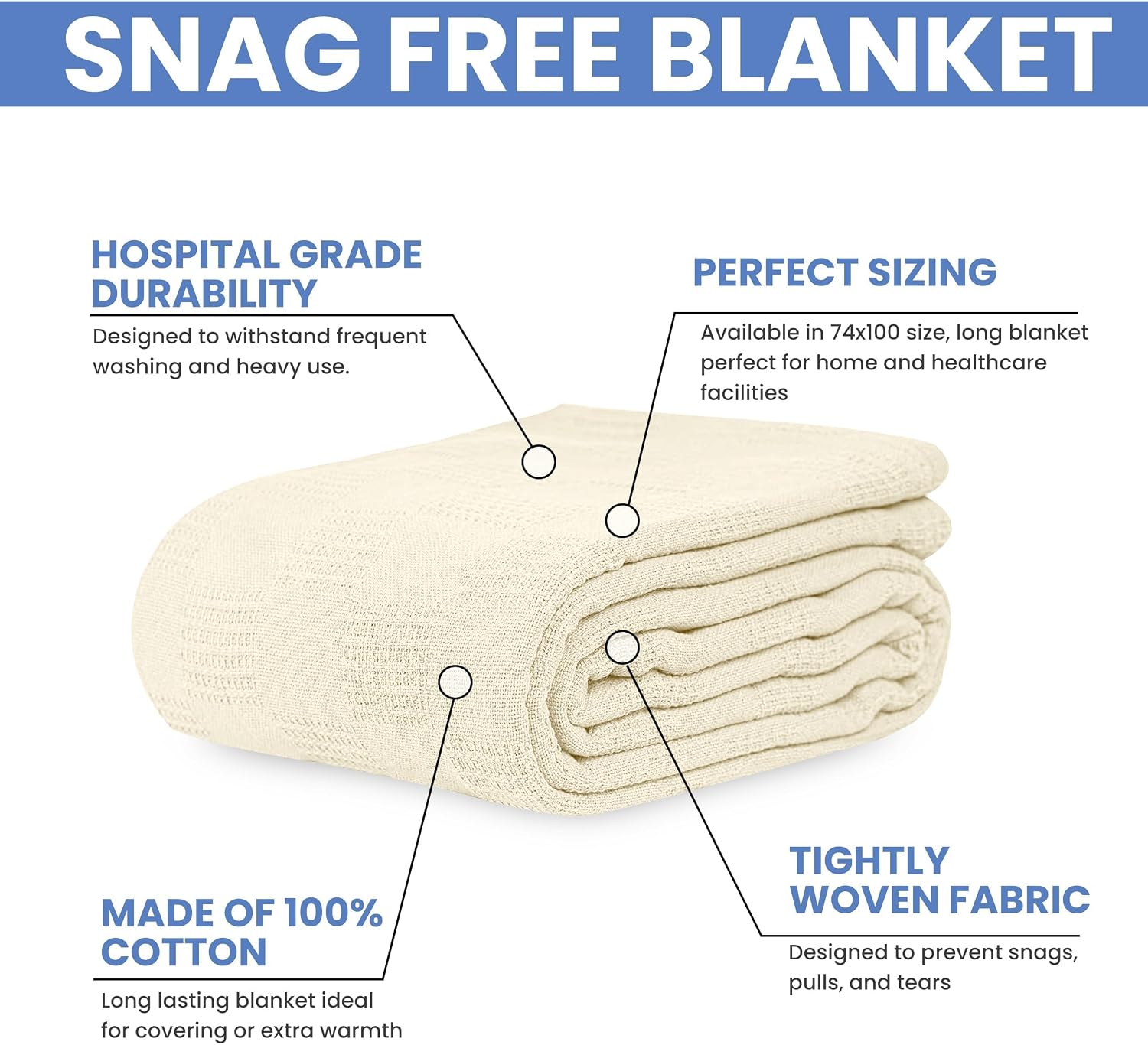 Linteum Textile Hospital Thermal SNAGLESS Spread Blanket, 100% Cotton (74x100 in, Blue)
