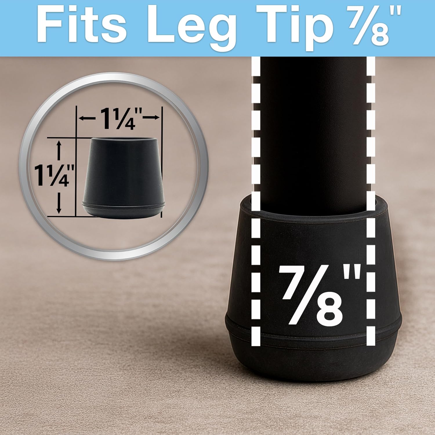 SoftTouch 7/8" Round Non-Marking Rubber Slip-On Chair Leg Tips, Nonslip Protective Furniture Leg Caps for Chairs, Stools, and Tables on Hard Surfaces, Set of 4, Black