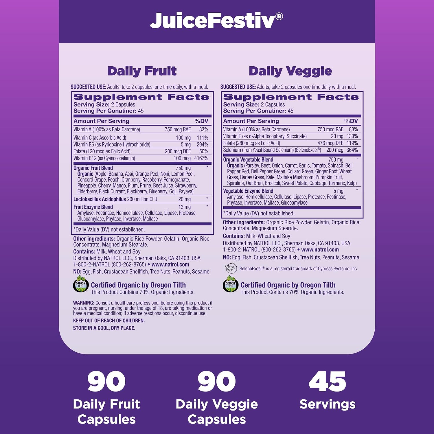 Natrol JuiceFestiv Vitamins and Supplements, 60 Capsules (2-Count) | For Nutrition & Well-being, Antioxidants for Cellular Health, Daily Fruit & Veggie Capsules, 120 Capsules, 30 Day Supply