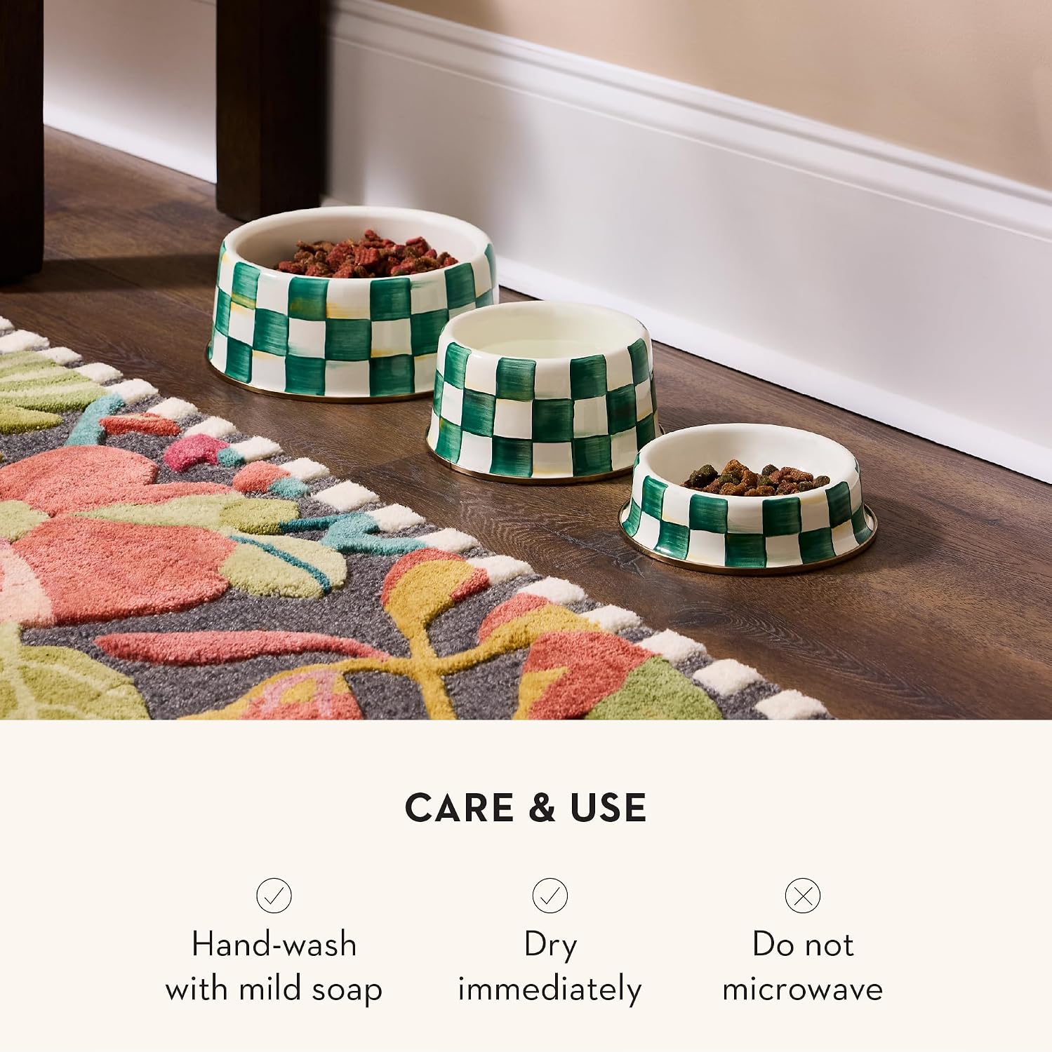 MACKENZIE-CHILDS Enamel Pet Dish, Large, Black-and-White Courtly Check | Decorative cat and dog bowl for food and water, 40-ounce capacity