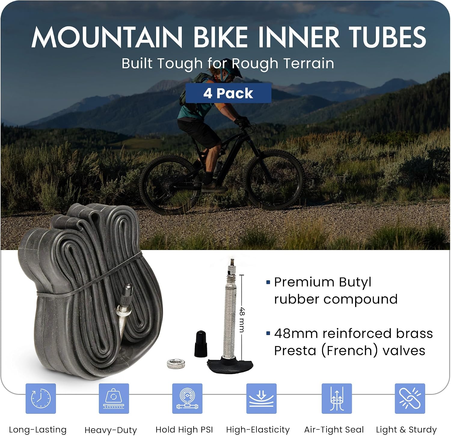 VeloTubes Mountain Bike Inner Tubes - 4 Pack-Select Your Size (26", 27.5", 29"), Presta Valve, Mountain Bicycle Tubes