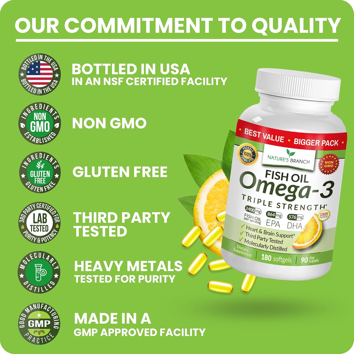 Triple Strength Omega 3 Fish Oil for Heart Health, Brain & Eyes – Burpless | High EPA & DHA Fish Oil for Men & Women, Lemon Flavor, Third Party Tested, Omega 3 Supplements for Joints – 120 Capsules