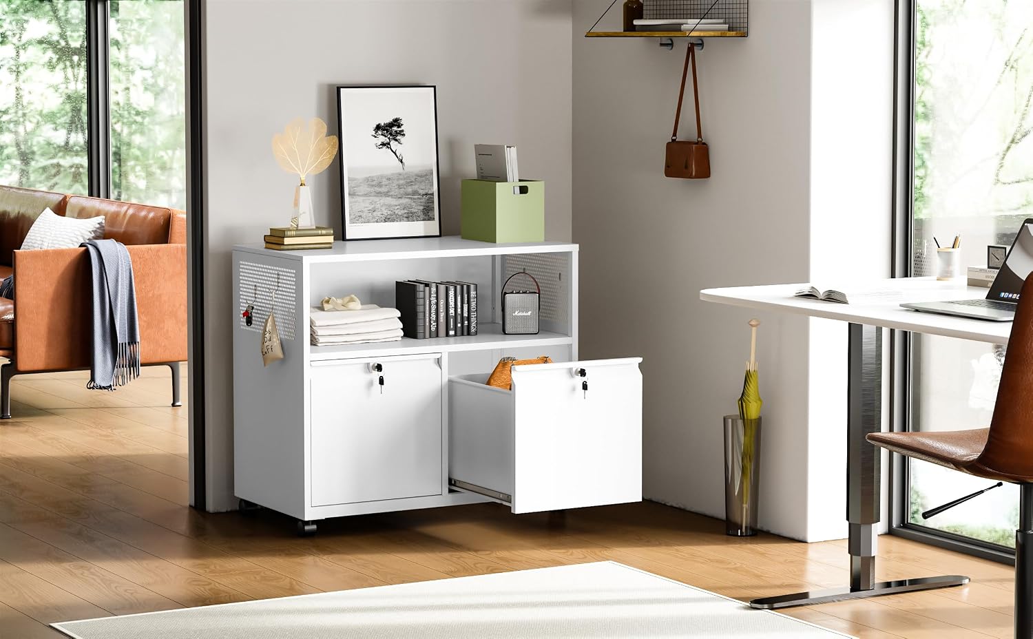 3 Drawer File Cabinet with Lock,Mobile Lateral Filing Cabinet with Side Hook for Letters/Legal/A4, Metal Printer Stand Storage Cabinets with Shelves for Home Office(Black)
