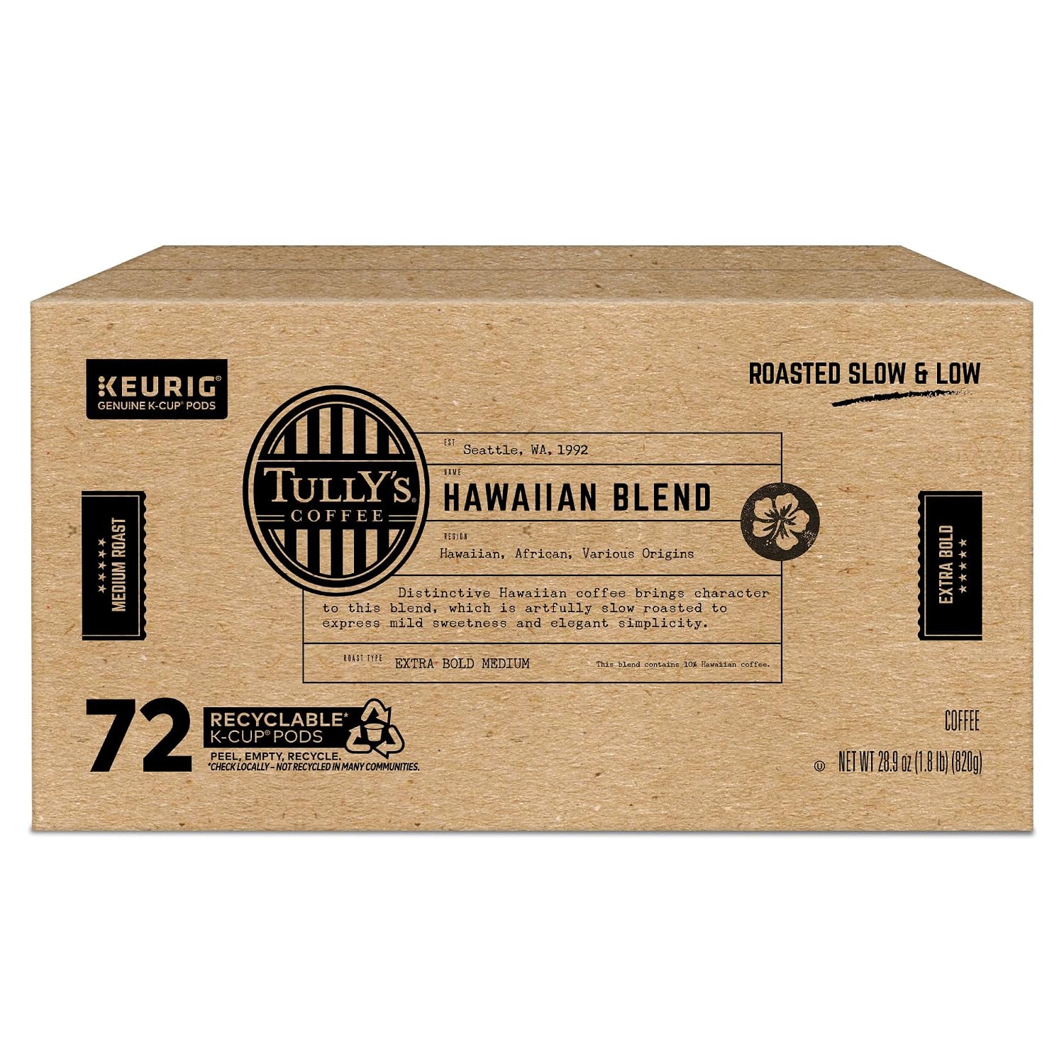 Tully's Coffee Hawaiian Blend Keurig Single-Serve K-Cup Pods, Medium Roast Coffee, 96 Count
