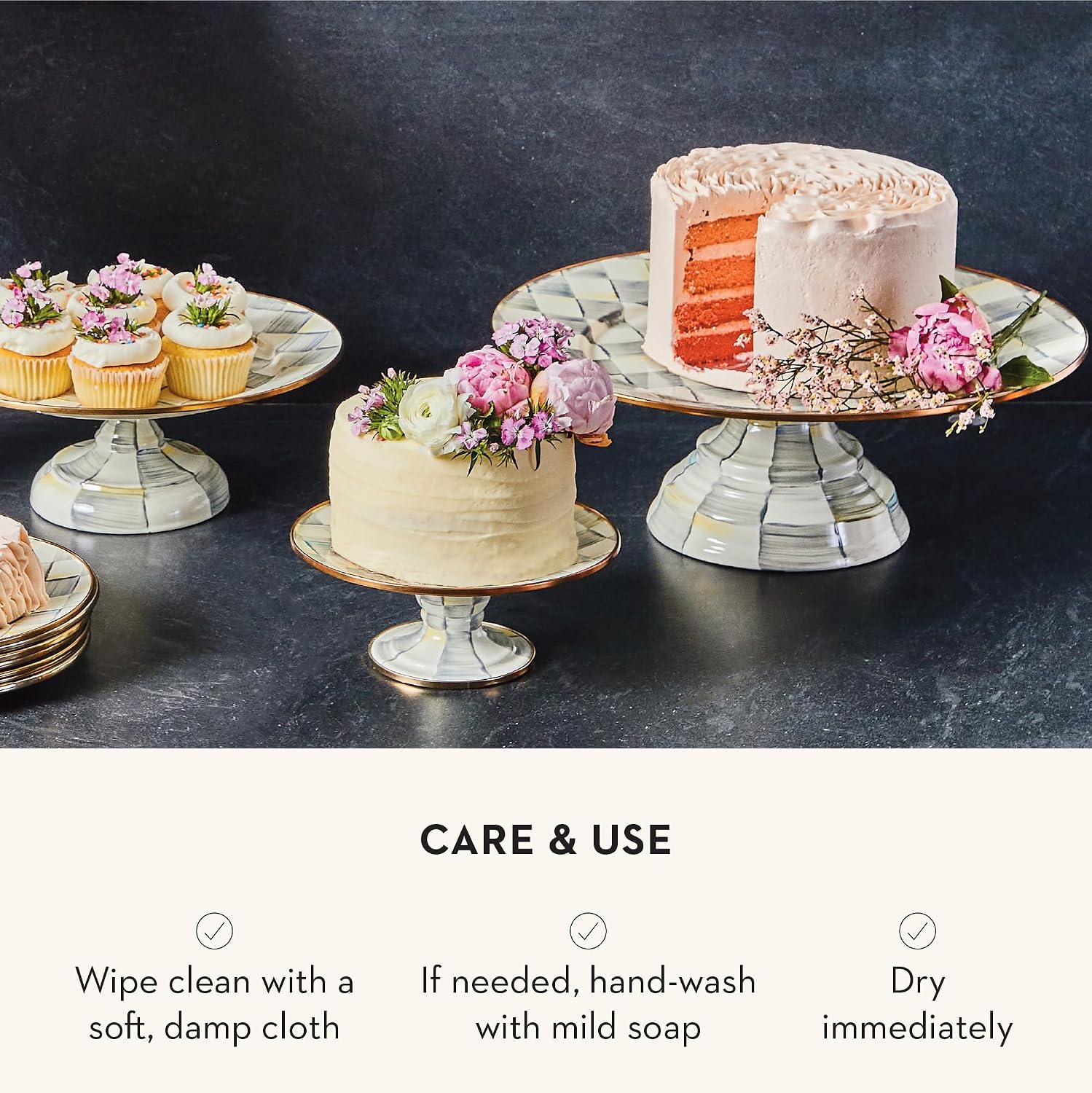 MACKENZIE-CHILDS Pedestal Platter, Mini, Black-and-White Courtly Check | Hand-painted design, made from enameled steel, stackable round cake stand for serving desserts, 8" dia. x 3" H