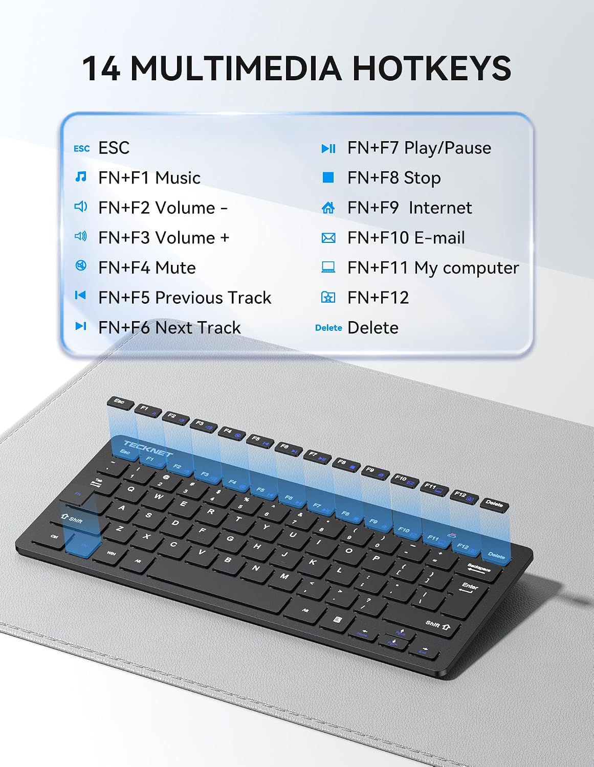 TECKNET 2.4G Wireless Keyboard - Mini Compact Keyboard with Media Hotkeys, 12-Month Battery Life, Compatible with PC, Desktop, Laptop, Smart TV - Black