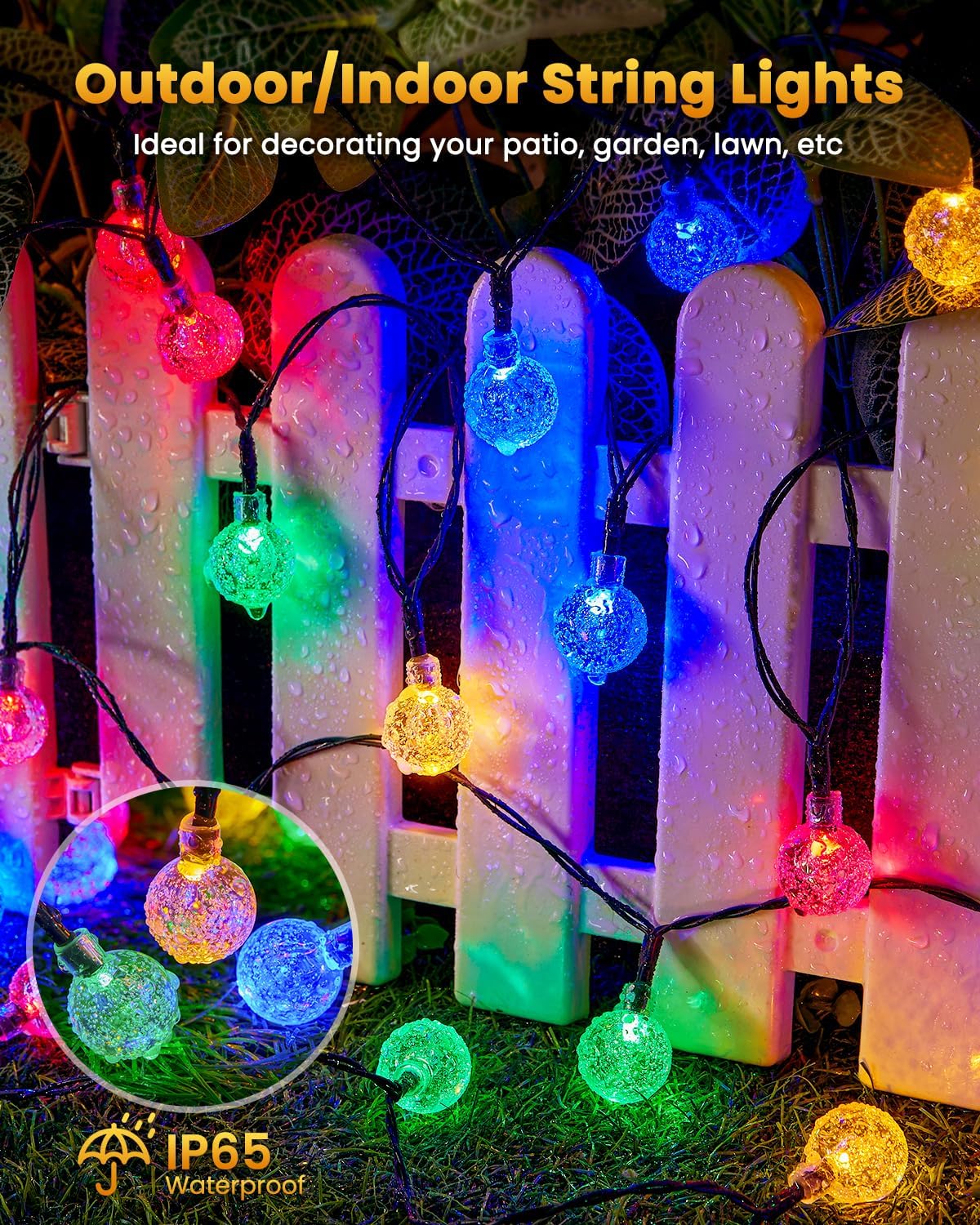 Brightown Solar String Lights Outdoor 60 Led 35.6 Feet Crystal Globe Lights with 8 Lighting Modes