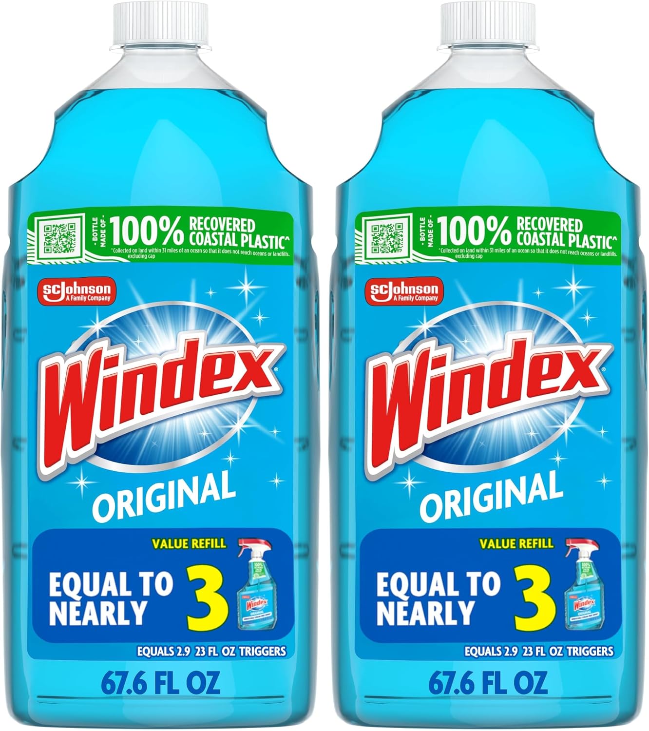 Windex refill glass and window cleaner, made from 100% recycled plastic, surface cleaning spray, original blue scent, 2L (67.6 fl oz)