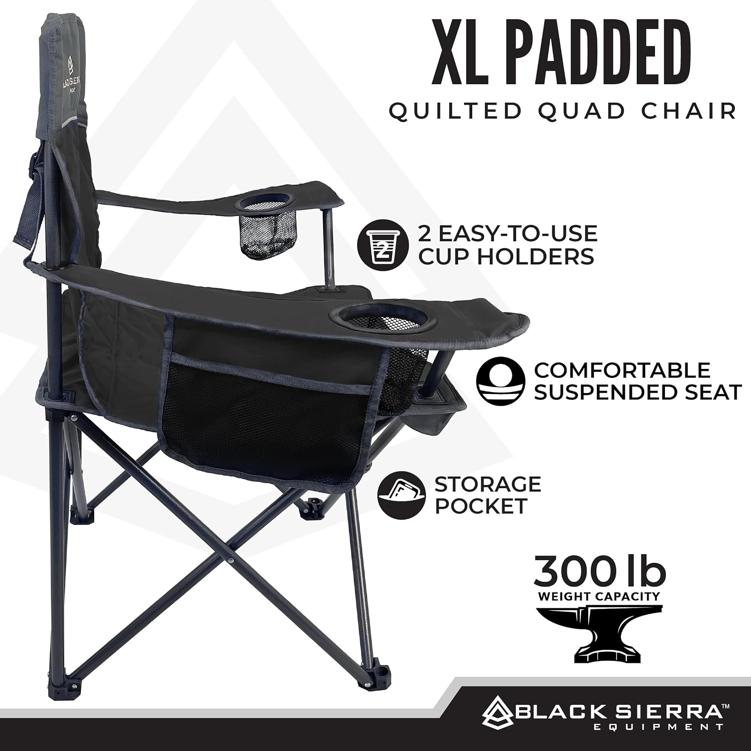 Black Sierra Quilted Padded Camping Chair, Oversized Heavy Duty Outdoor Lounge Seat Supports 300 lbs, Portable, Folding with Cup Holder for Beach, Tailgating, Sports, Patio