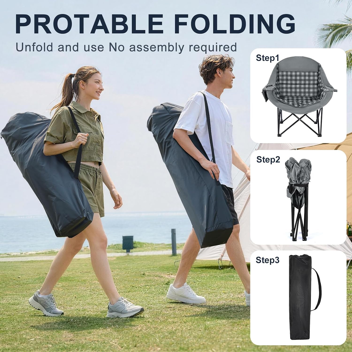Oversized Camping Chairs for Adult - Heavy Duty Padded Portable Folding Chair XL Collapsible Camp Chair with Cup Holder Side Pocket for Outdoor Lawn Beach Sport Fishing Support 500LBS, Grey