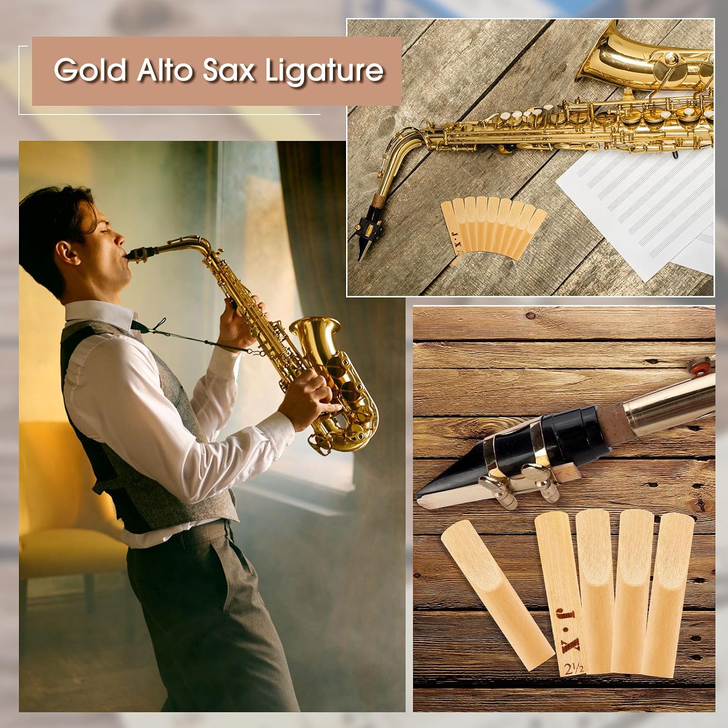 Alto Sax Ligature with 20 Pcs Alto Saxophone Reeds 2.5 Gold Alto Saxophone Ligature with Adjustable Screws Alto Saxophone Ligature Fastener Strength