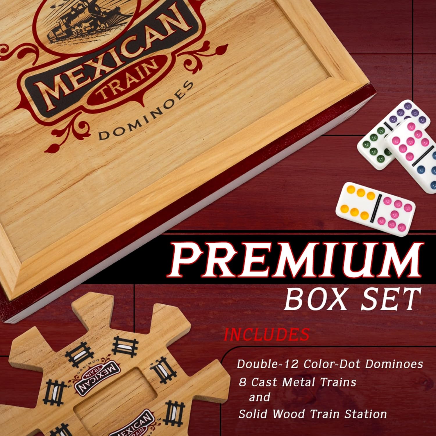 Front Porch Classics | Mexican Train Domino Set in Wooden Collector Box from Front Porch Classics for 2 to 8 Players Ages 8 and Up